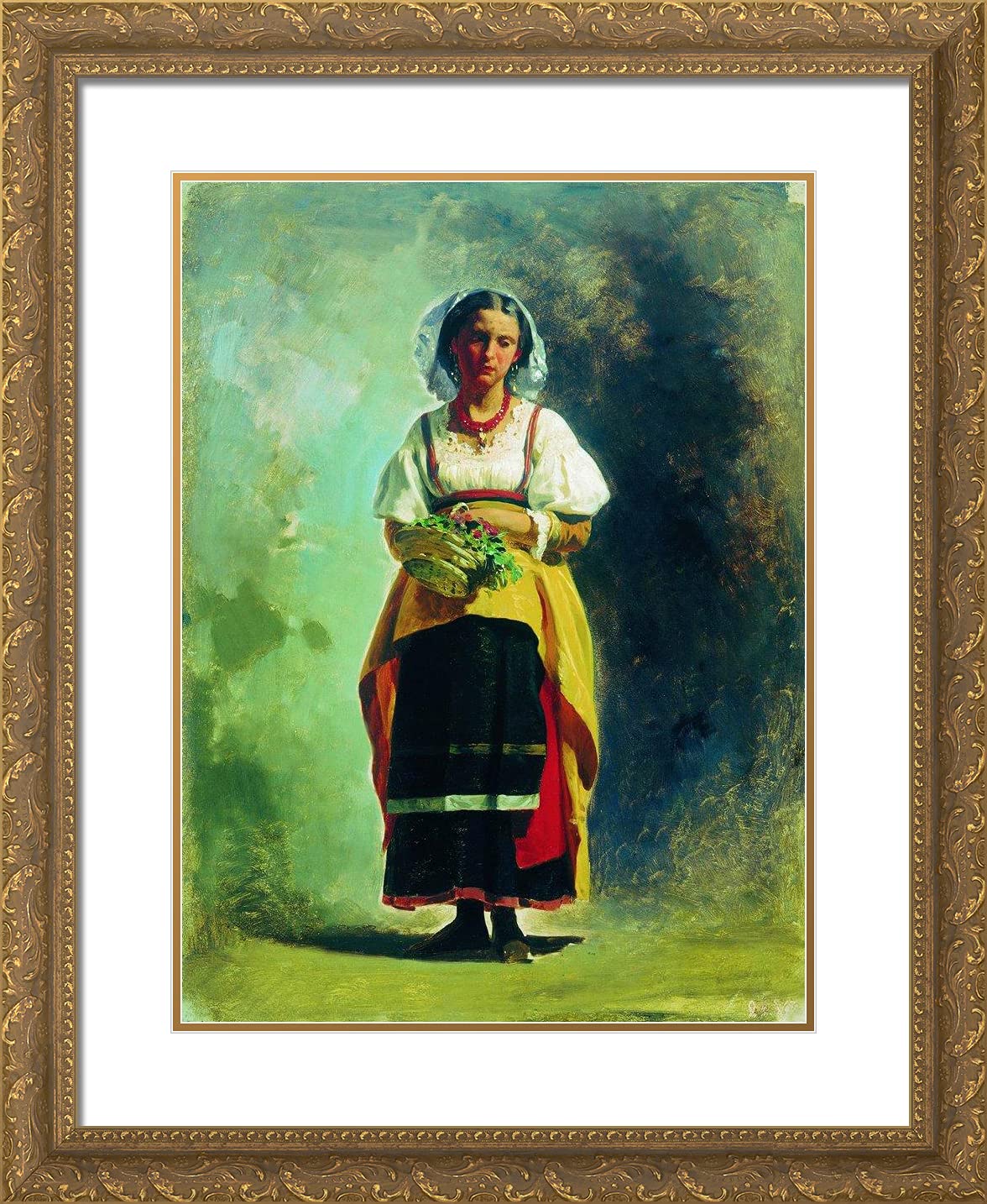 Fyodor Bronnikov Italian Woman with a Basket of Flowers 20x24 Gold Ornate Framed Art Print - Double Matting, Vintage Wall Decor for Living Room, Bedroom & Office