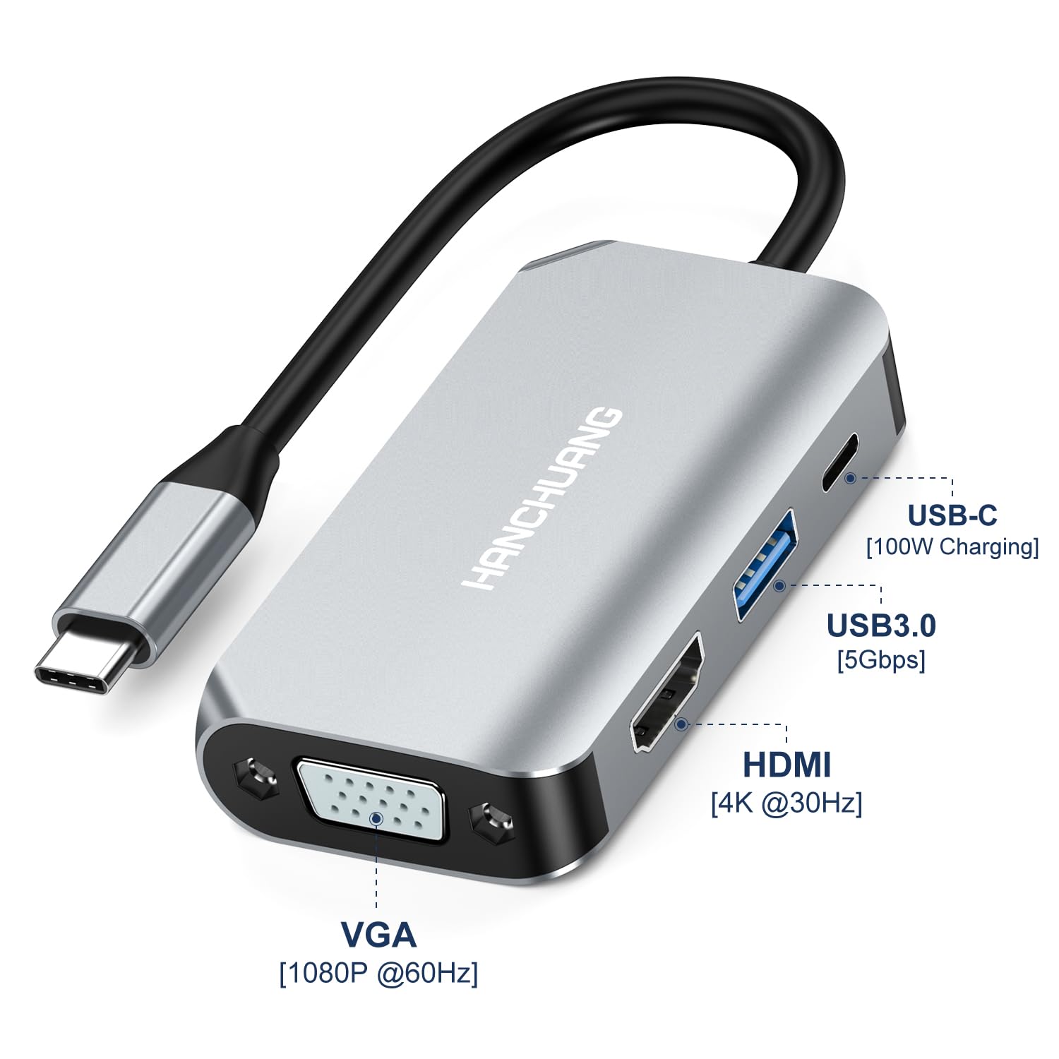 4-in-1 USB C to HDMI VGA Adapter with Thunderbolt 3, 4K HDMI Port, USB 3.0 & Power Delivery - Compatible with MacBook Pro/Air, iPad Pro, Dell XPS | Perfect for Home Office, Presentations & Multi-Screen Setup