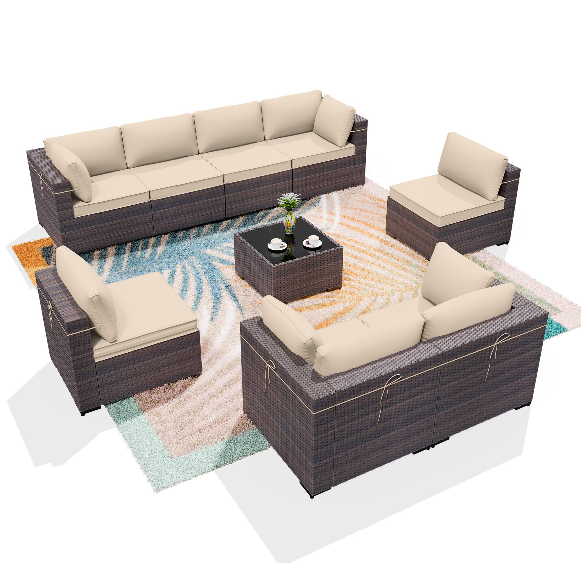 9-Piece Brown PE Rattan Outdoor Patio Furniture Set with Sectional Sofa, 8 Sand Cushions & Coffee Table - Perfect for Backyard, Garden, Poolside & Deck Relaxation