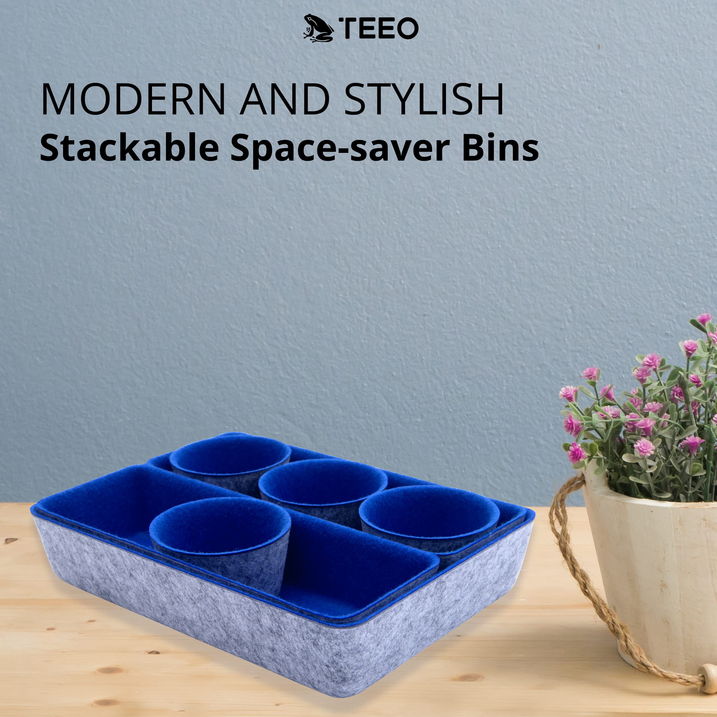 Teeo Drawer Organizers Set of 7 - Kitchen & Bathroom Storage Bins, Makeup & Home Office Desk Dividers - Royal Blue Compartment Organizers for Home Organization | Perfect for Clutter-Free Drawers & Efficient Workspace