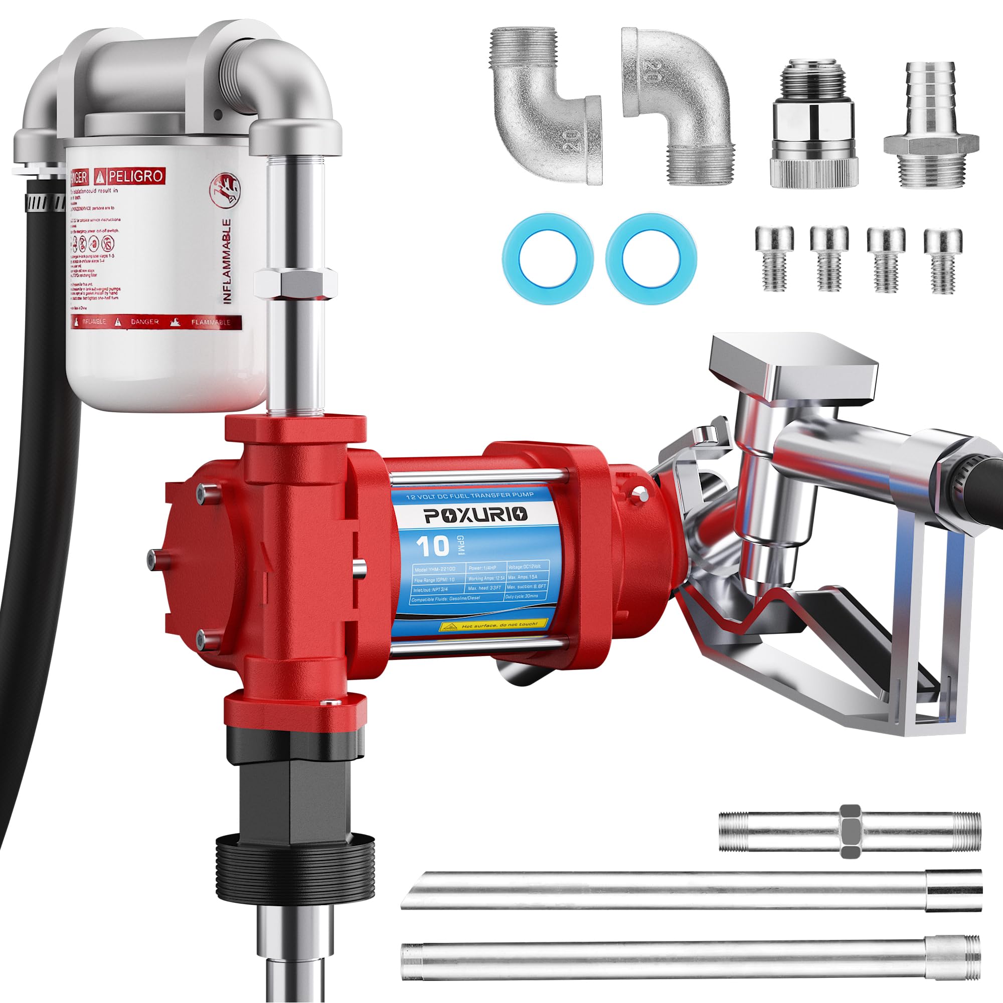 12V Heavy Duty Fuel Transfer Pump - 10GPM Gasoline/Diesel/Kerosene/Biodiesel Pump with Hose & Nozzle - Cast Iron Construction for Trucks, Boats, Farm Equipment & Emergency Fuel Transfer