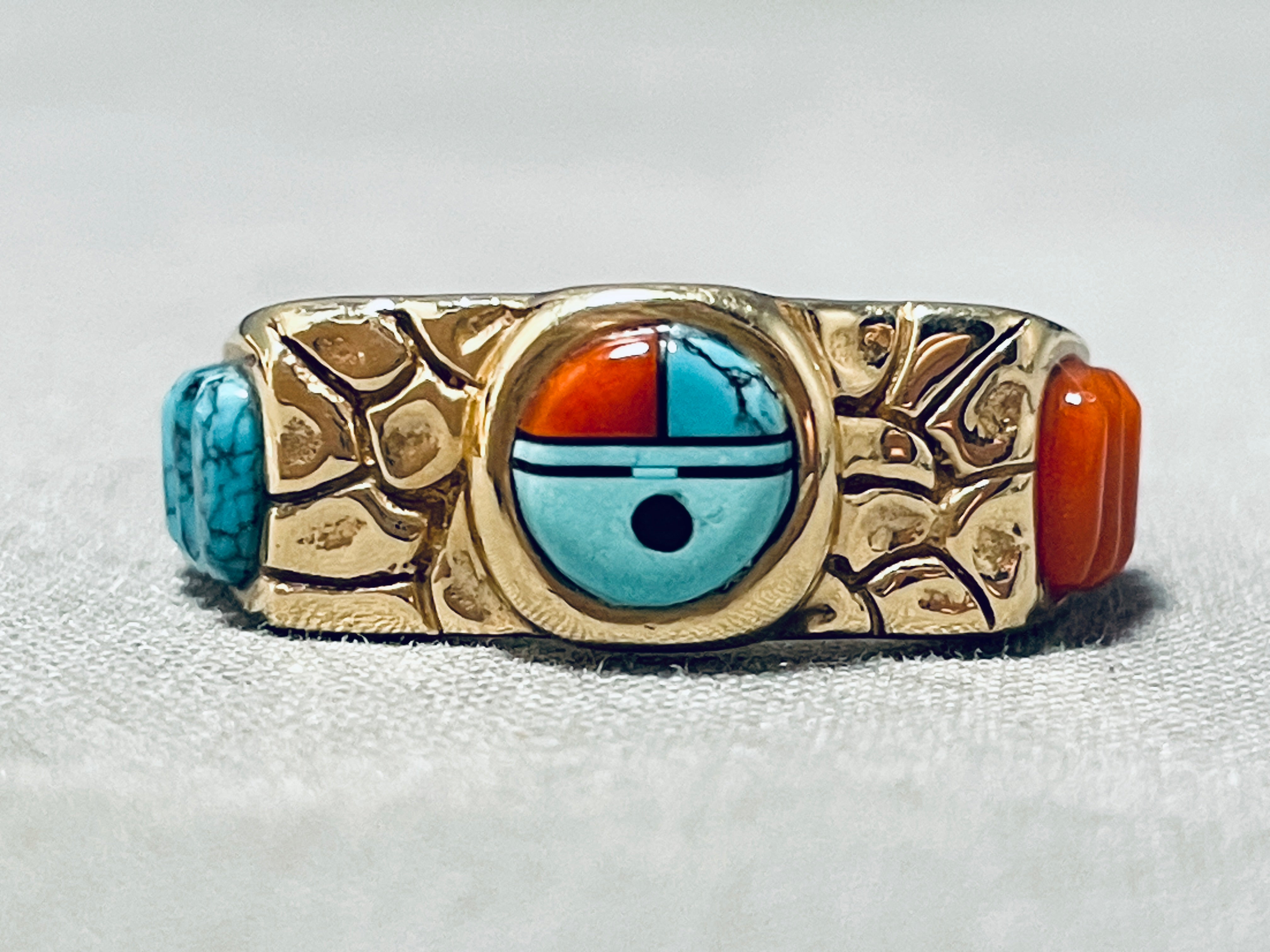 14K Gold Vintage Native American Zuni Turquoise Inlay Ring - Size 7.5 | Handmade Southwest Jewelry for Women, Boho Chic Accessory for Casual Wear & Special Occasions