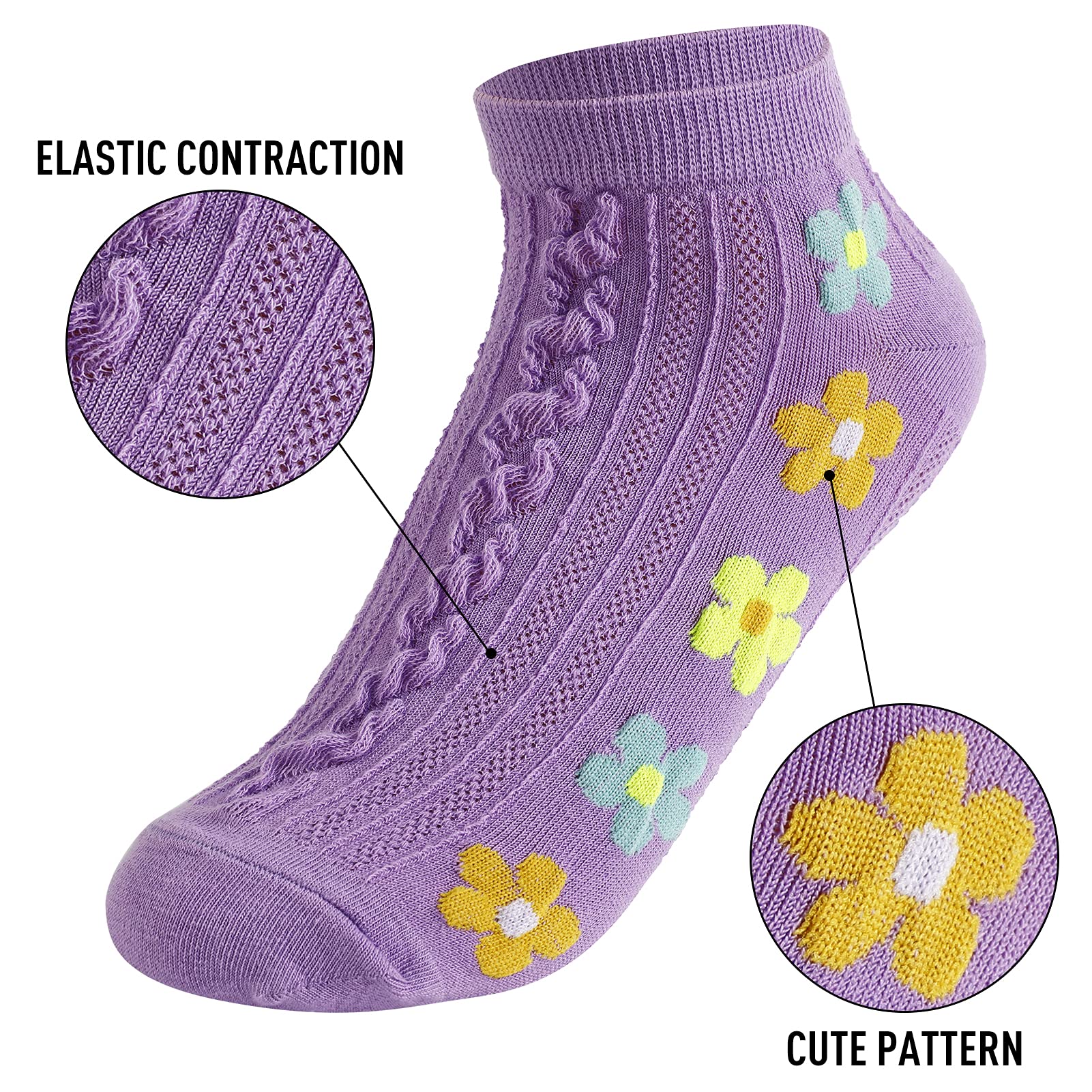Anjetan Women's Flower Trainer Socks - 6 Pairs Soft Breathable Cotton No-Show Ankle Socks for Women Shoe Size 4-7 | Perfect for Running, Gym Workouts & Casual Wear