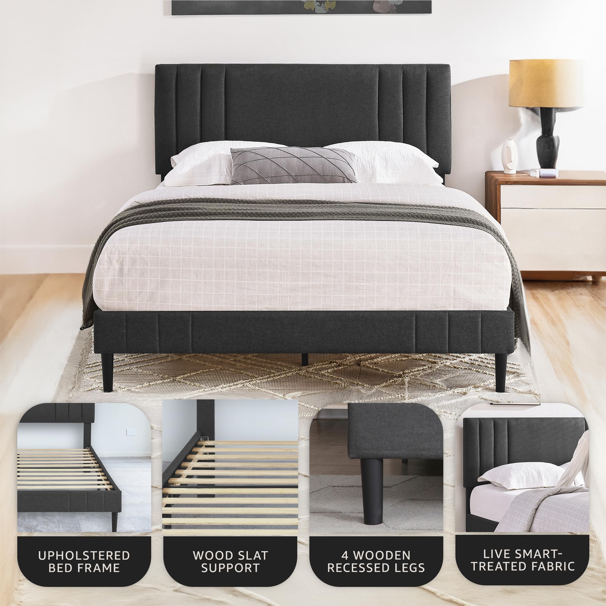 Modern Tufted Upholstered Platform Queen Bed Frame - Dark Grey Fabric Headboard - Chicago Style Bedroom Furniture for Master Bedroom & Guest Room
