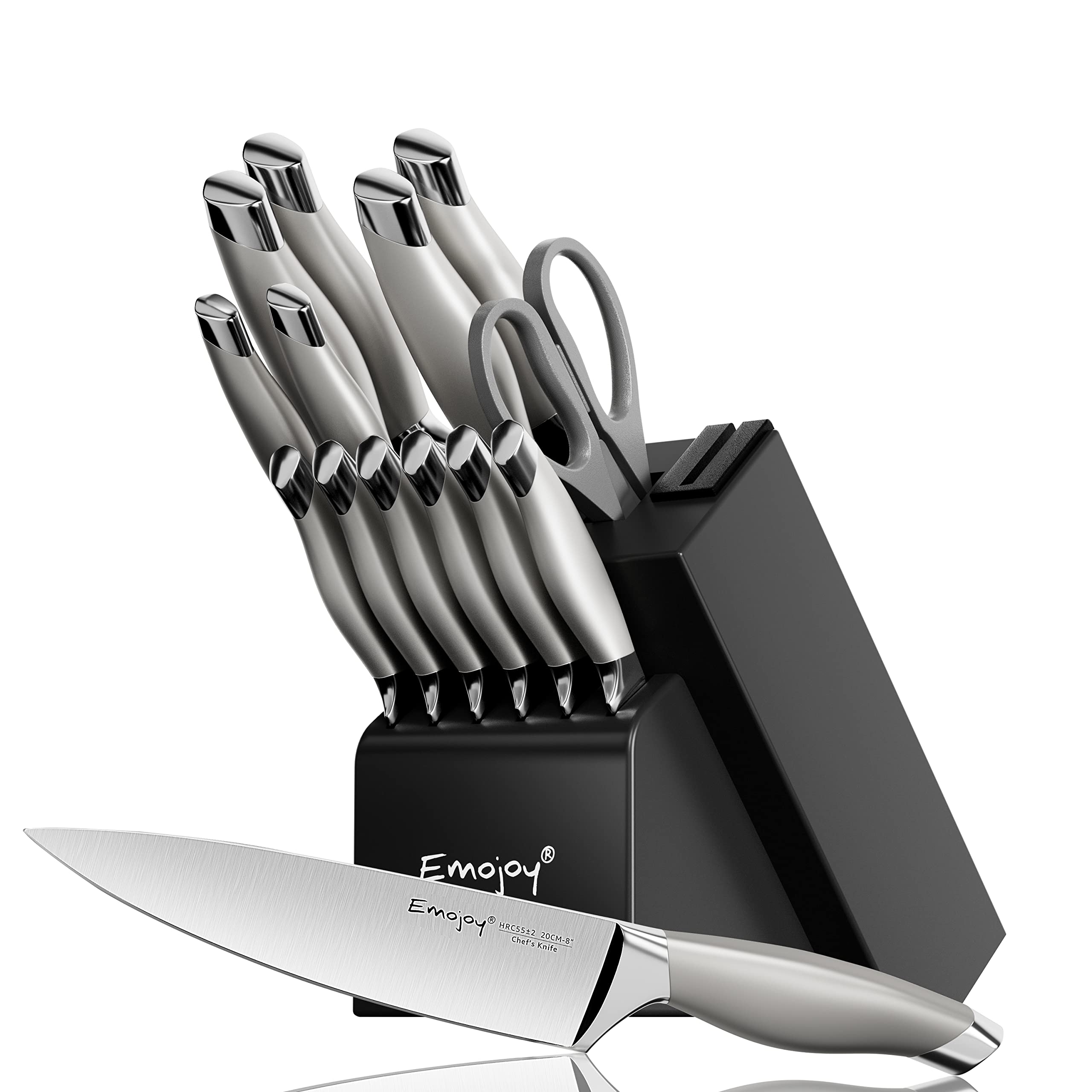 15-Piece Emojoy German Stainless Steel Knife Set with Block & Built-in Sharpener - Hollow Handle Chef Knives - Dishwasher Safe & Rust Proof - Perfect for Home Cooking, Professional Kitchens & Gift Giving