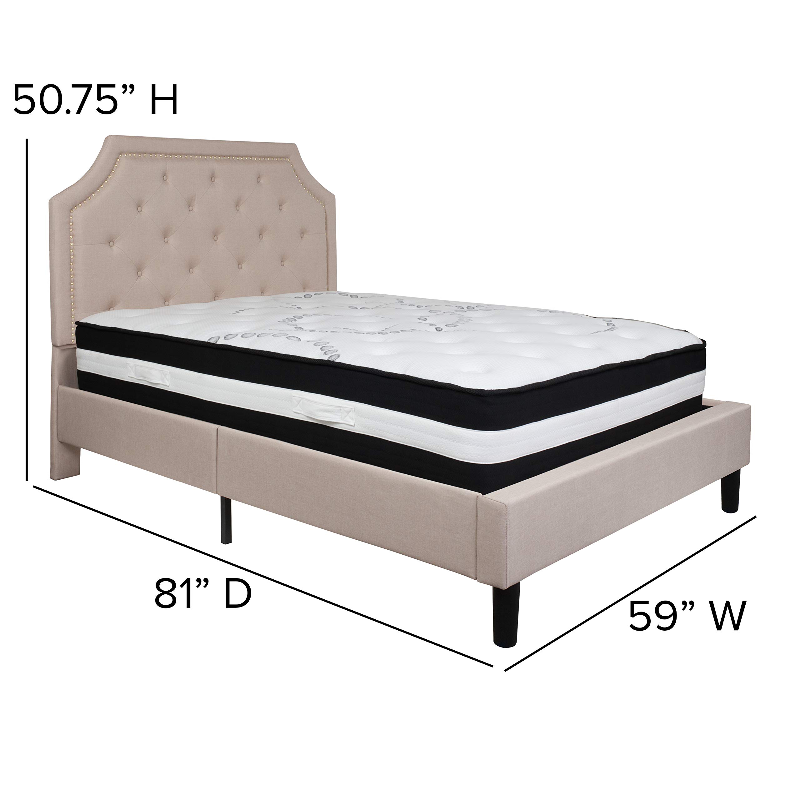 Flash Furniture Brighton Full Size Tufted Upholstered Platform Bed with Pocket Spring Mattress - Beige Fabric Bed Frame for Master Bedroom, Guest Room & Dormitory