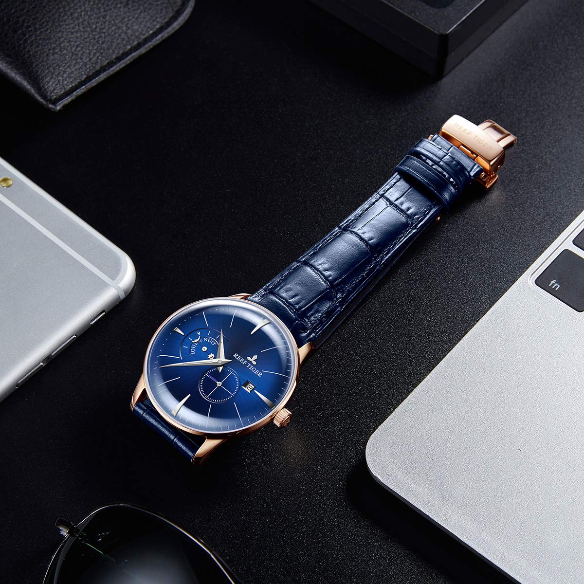 REEF TIGER Luxury Automatic Dress Watch for Men - Blue Dial, Waterproof, Stainless Steel, Analog Wristwatch RGA8219 (RGA8219-PLS) - Perfect for Business, Formal Events & Special Occasions
