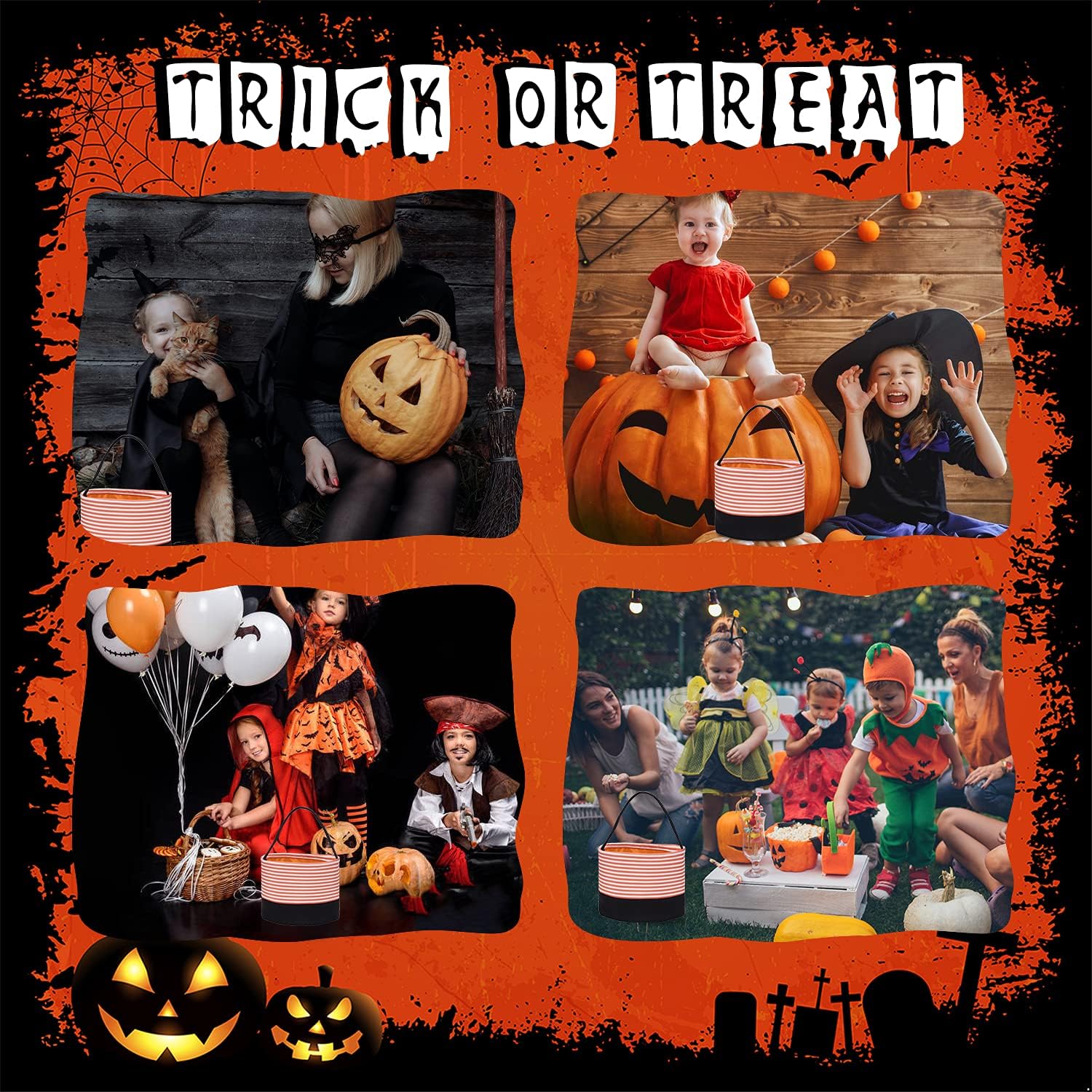 Halloween Candy Basket - Trick or Treat Bags for Kids, Fabric Candy Buckets with Handle, Halloween Party Supplies & Decorations (Orange Stripe) - Perfect for Trick-or-Treating, Halloween Parties & Gift Giving