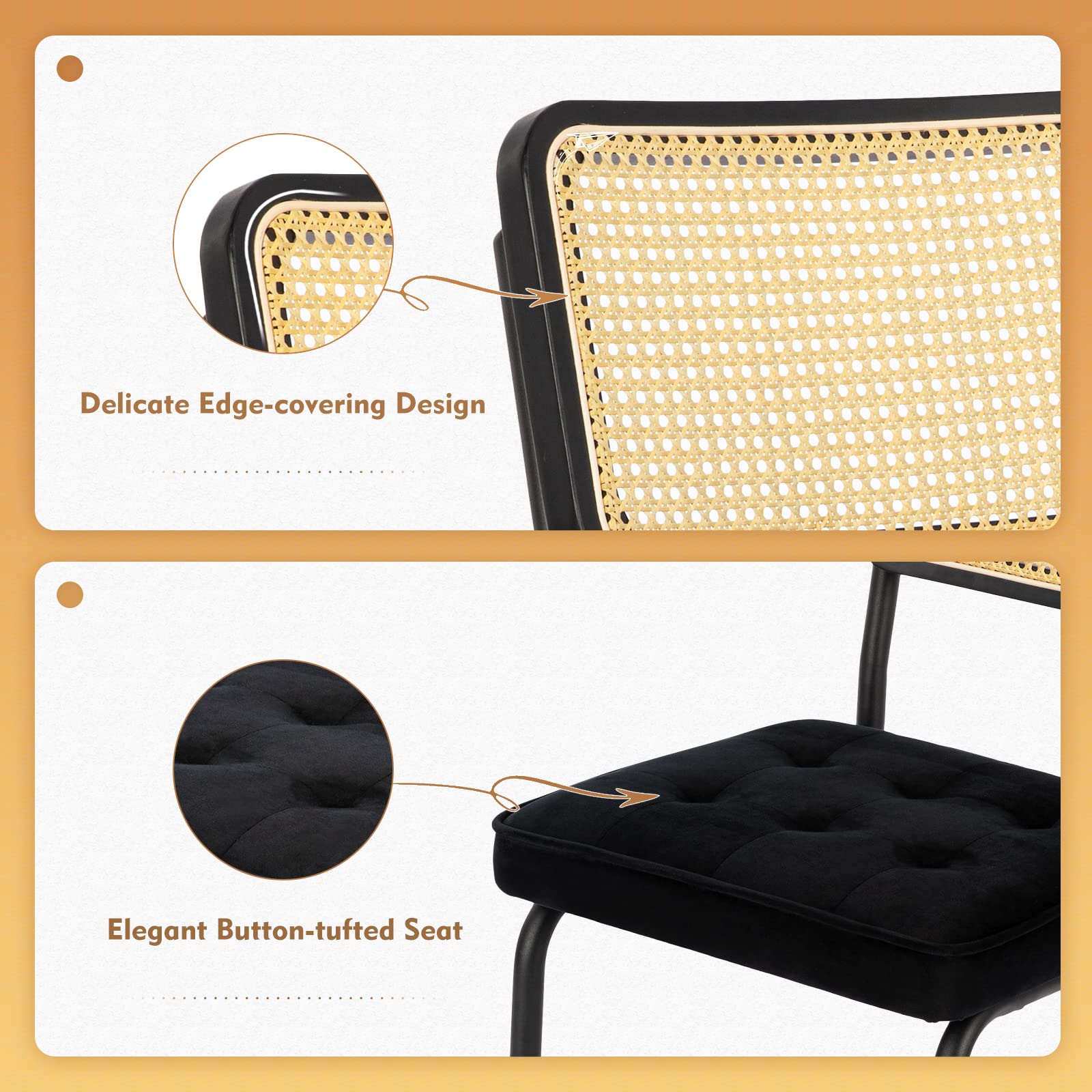 COLAMY Mid Century Modern Dining Chairs Set of 4 - Velvet Upholstered Rattan Chairs with Chrome Metal Legs for Kitchen, Dining Room, Living Room | Elegant Home Decor for Entertaining & Daily Use
