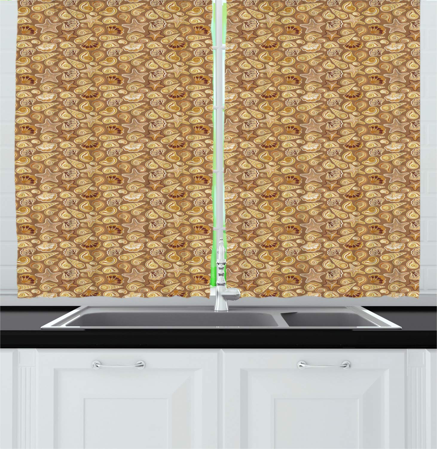 Ambesonne Seashell Kitchen Curtains Set of 2 Panels - Coastal Beach Theme with Shells, Starfish & Fossils - 55
