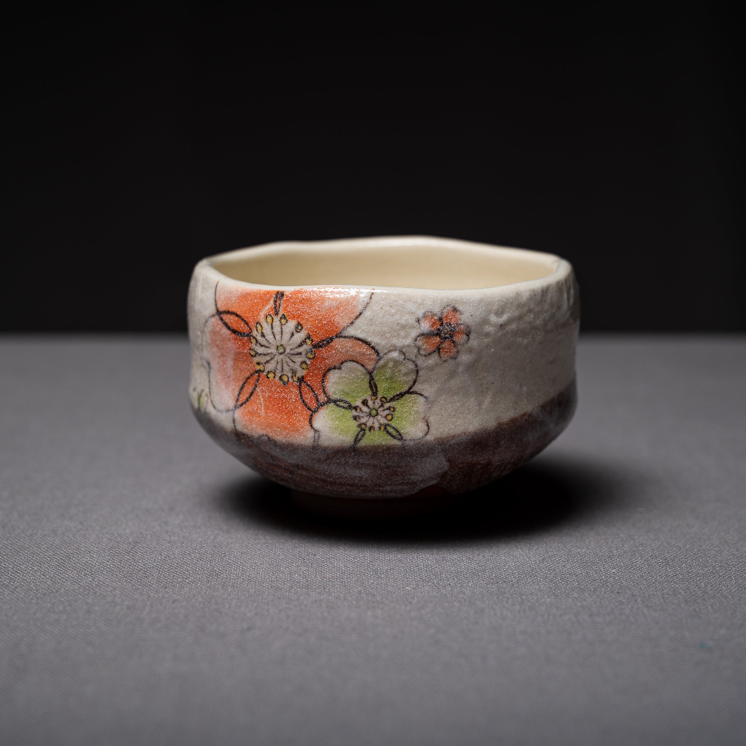 Mini Matcha Bowl with Orange Flower Design - Japanese Ceramic Tea Cup for Matcha, Green Tea, or Coffee - Perfect for Tea Ceremonies, Home Decor, or Gifts