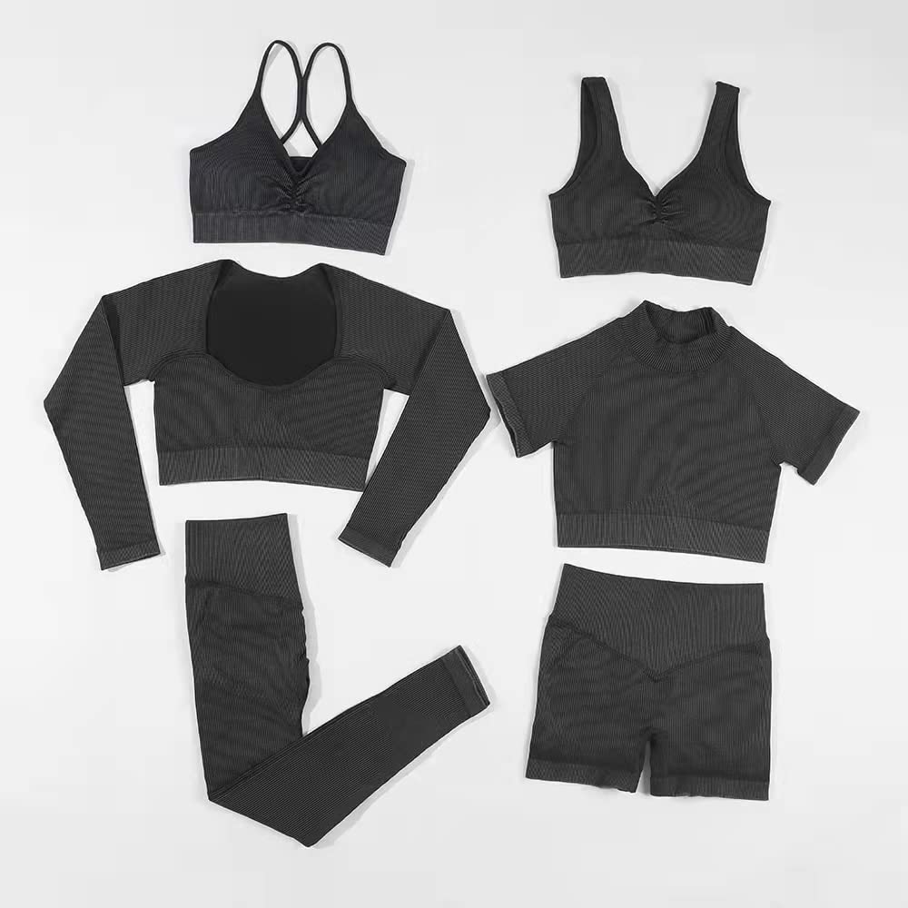 TONGYUE Women's Seamless Yoga Outfit 6-Piece Set - Workout Sports Bra & High Waist Shorts for Yoga, Gym, Running & Fitness | Comfortable Stretchy Activewear - Black Size S | Perfect for Yoga Classes, Home Workouts & Athletic Training