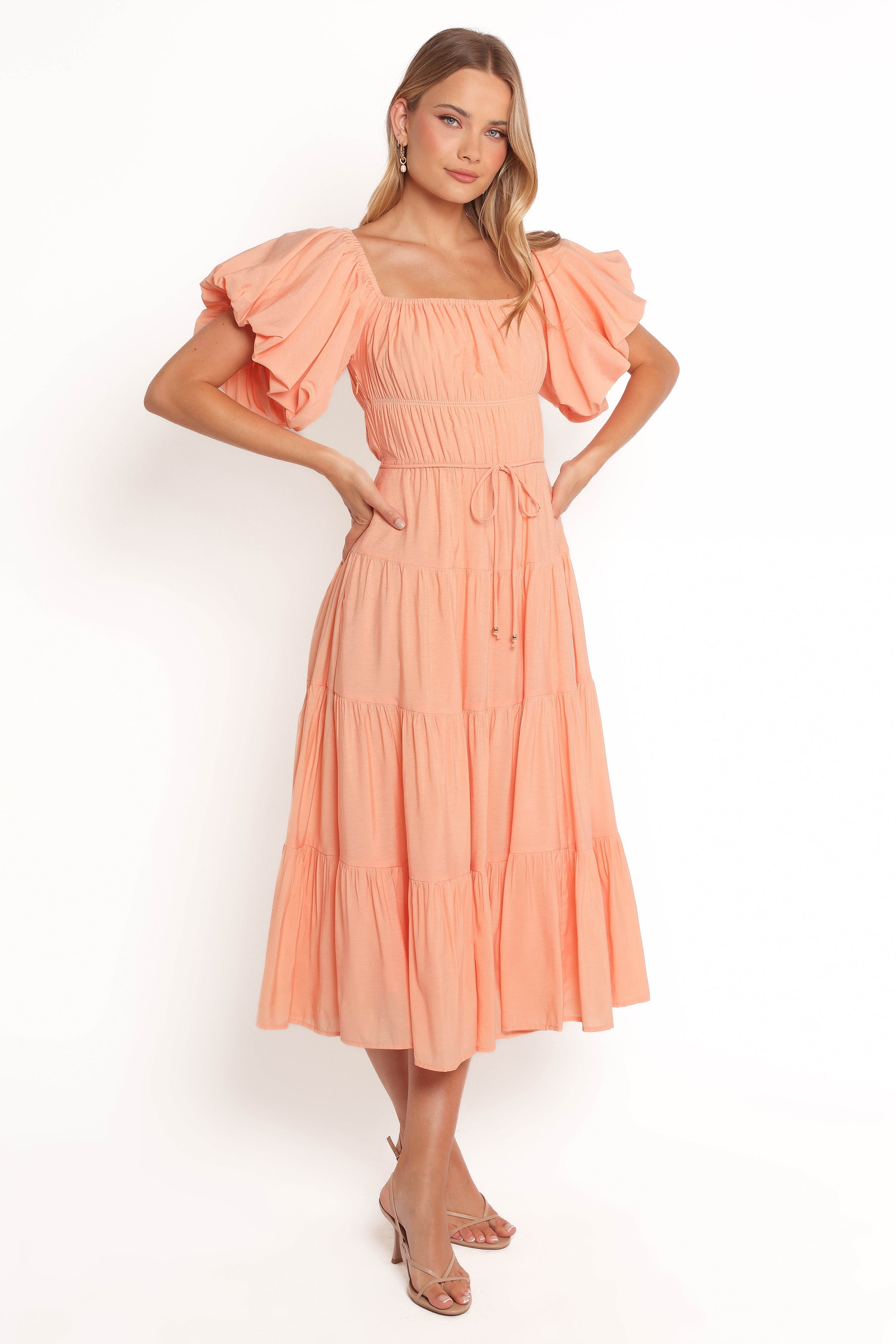 Julie Off Shoulder Midi Dress for Women - Flowy Summer Dress in Peach Color, Perfect for Beach Vacation, Date Night & Casual Outings