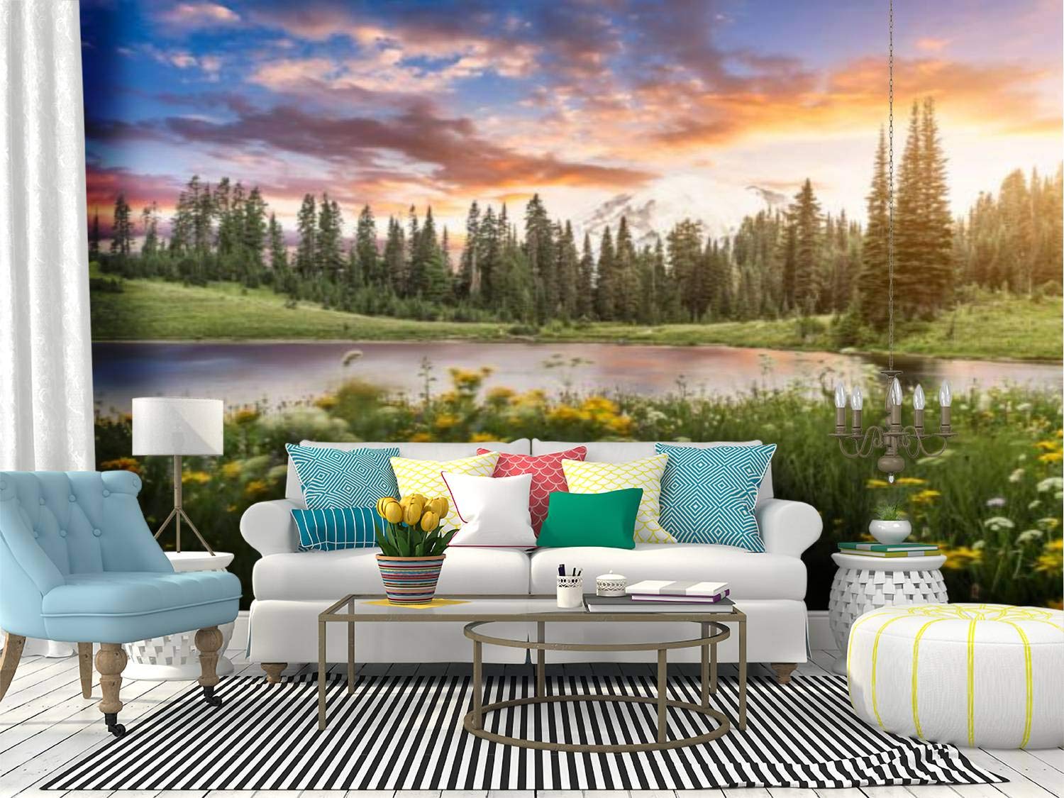 Peel and Stick Wallpaper - Self Adhesive Wall Mural of Mt Rainier's Tipsoo Lake Floral Beauty - Large Removable Vinyl Film Roll for Home Decor | Perfect for Living Rooms, Bedrooms, and Office Spaces