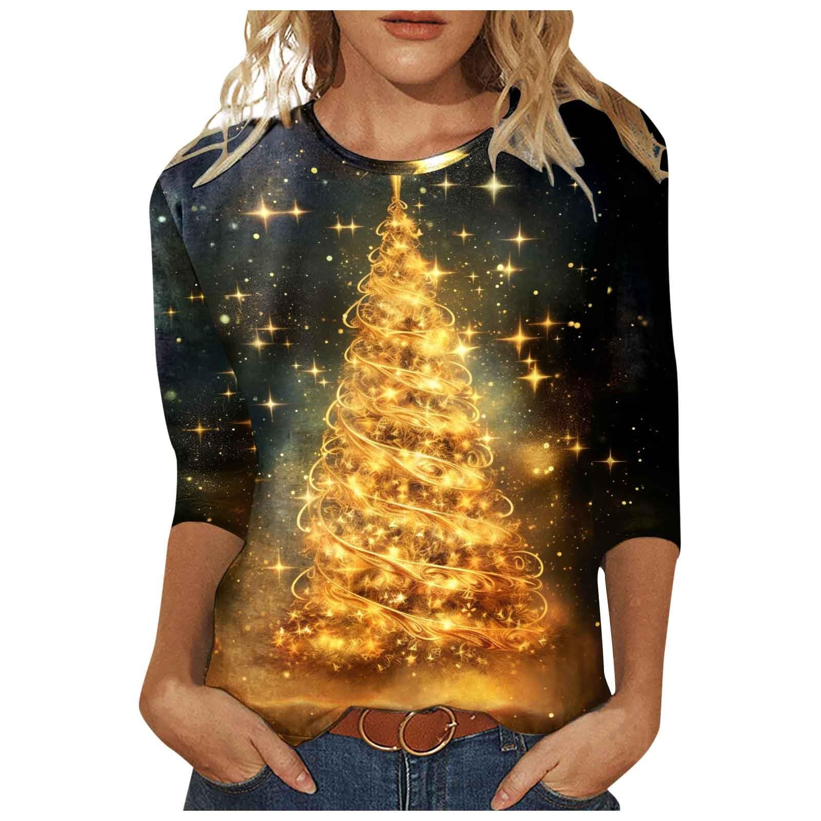Sparkly Christmas Tree Graphic Sweatshirt for Women - 3/4 Sleeve Casual T-Shirt - Holiday Party Outfit & Ugly Sweater Contest
