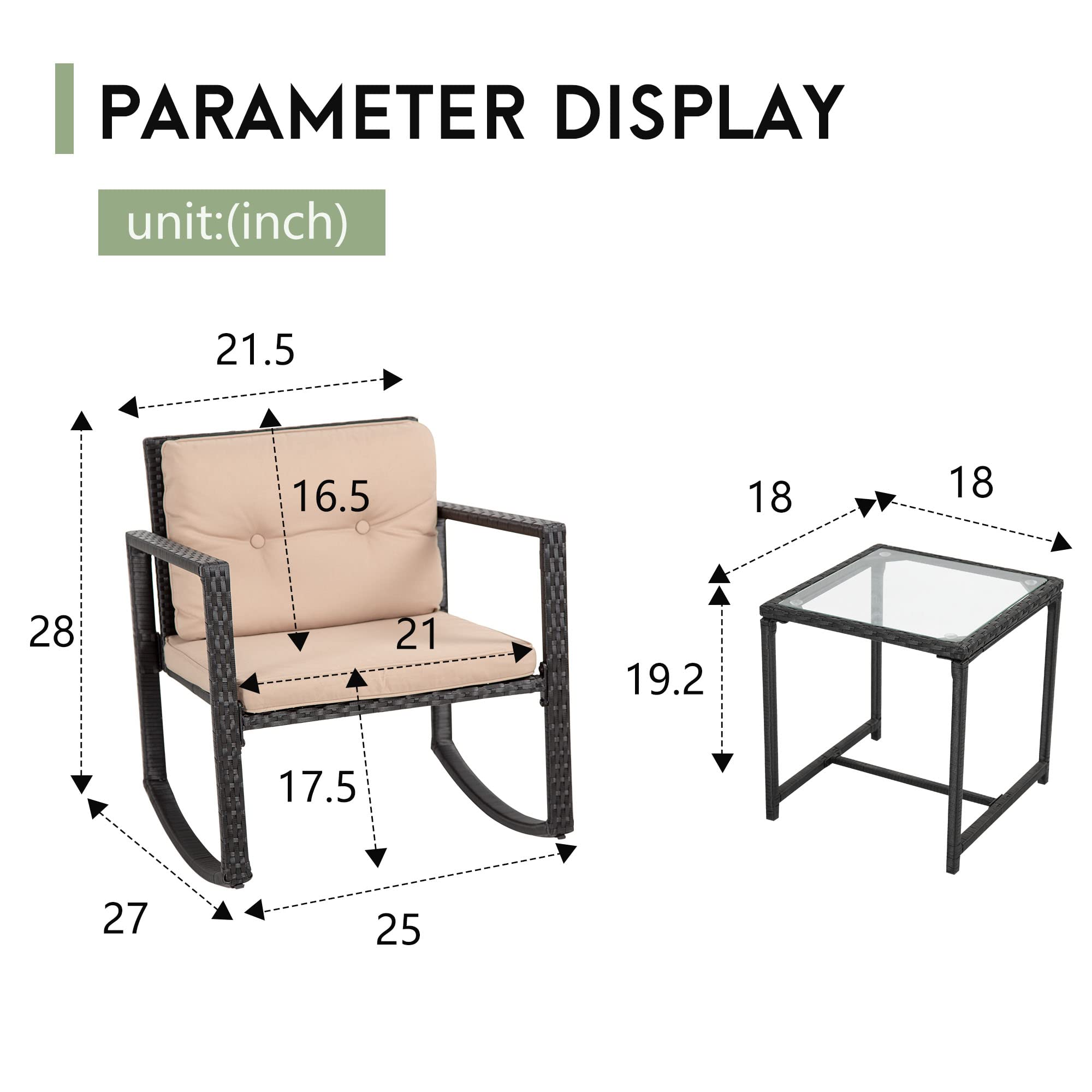 FDW 3-Piece Wicker Patio Furniture Set - Outdoor Rattan Bistro Set with Rocking Chair & Coffee Table for Backyard, Porch, Poolside, Lawn - Perfect for Relaxing & Entertaining - Black