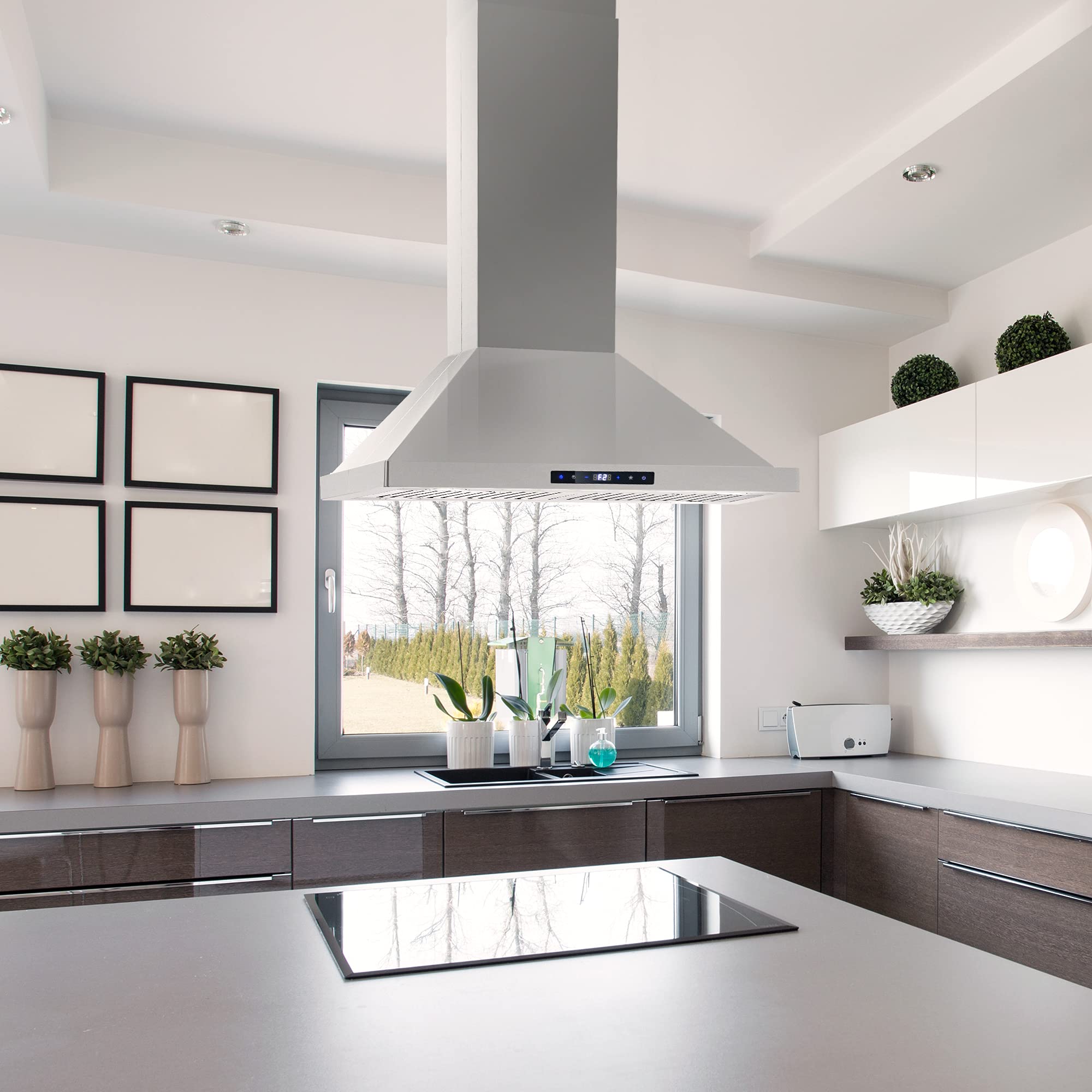 COSMO COS-63ISS75 30-inch Stainless Steel Ducted Island Range Hood - 380 CFM, Soft Touch Controls & LED Lights - Perfect for Modern Kitchen Islands & Open Concept Homes