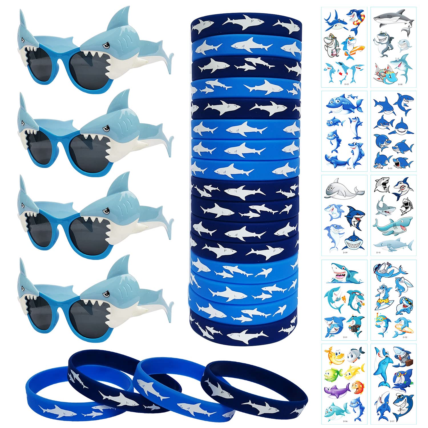 **JAKADYUKS Shark Party Favors Set - 4pcs Shark Glasses, 20pcs Silicone Wristbands, 10 Sheets Shark Tattoos - Ocean Themed Photo Booth Props & Pool Party Supplies - Great for Kids Birthday, Classroom Prizes & Teacher Gifts**