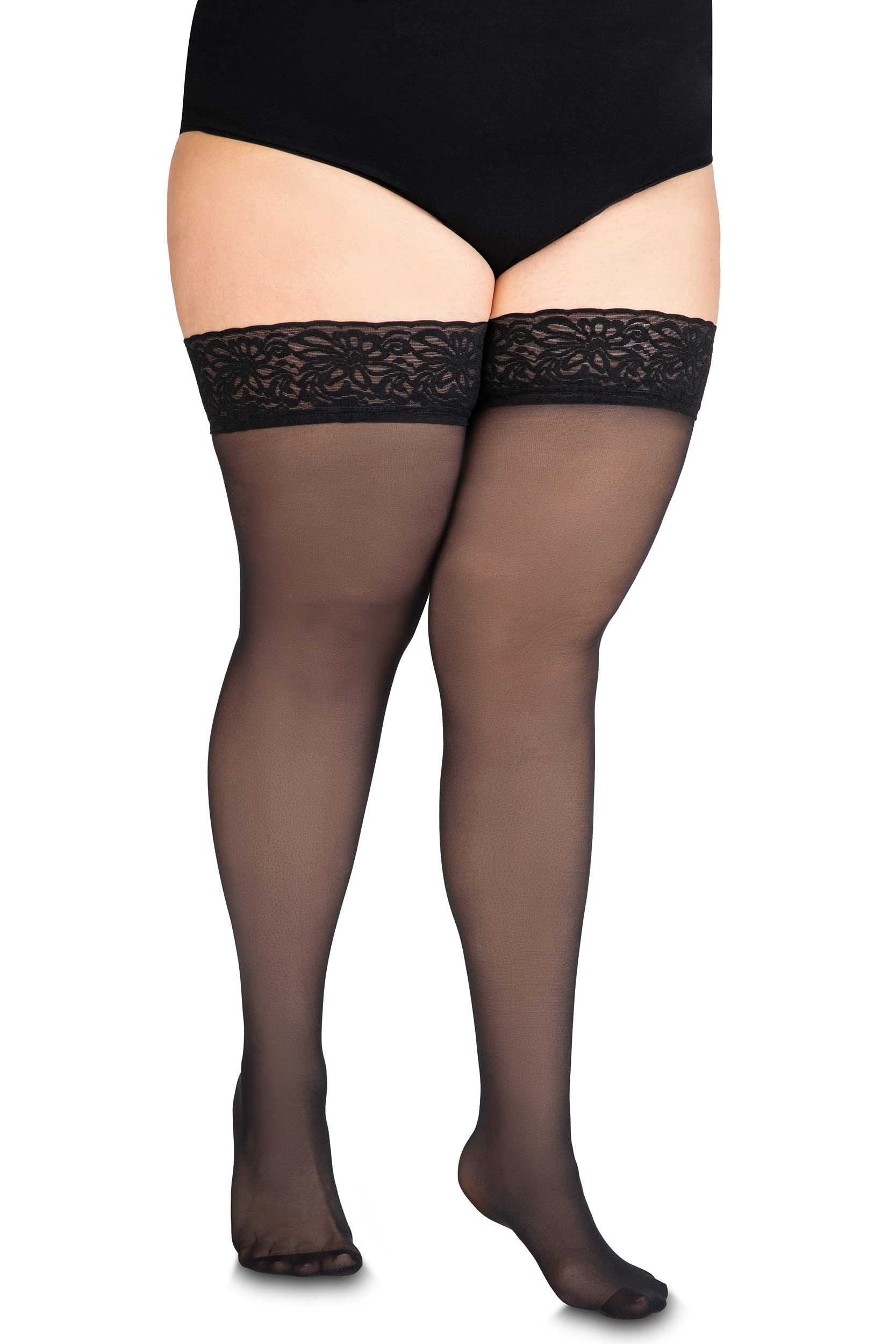Annes Styling Sila 40 Denier Women's Lace Thigh High Opaque Hold Up Nylon Stockings with Invisible Silicone Band - Sexy & Comfortable for Office, Party & Special Occasions