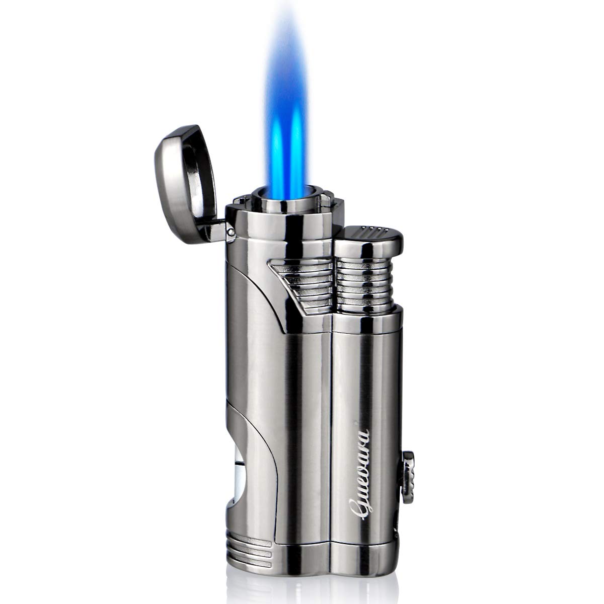 GUEVARA Windproof Butane Torch Lighter - Dual Jet Flame, Refillable, Punch Design (Grey) - Perfect for Cigars, Camping, Cooking & Outdoor Use