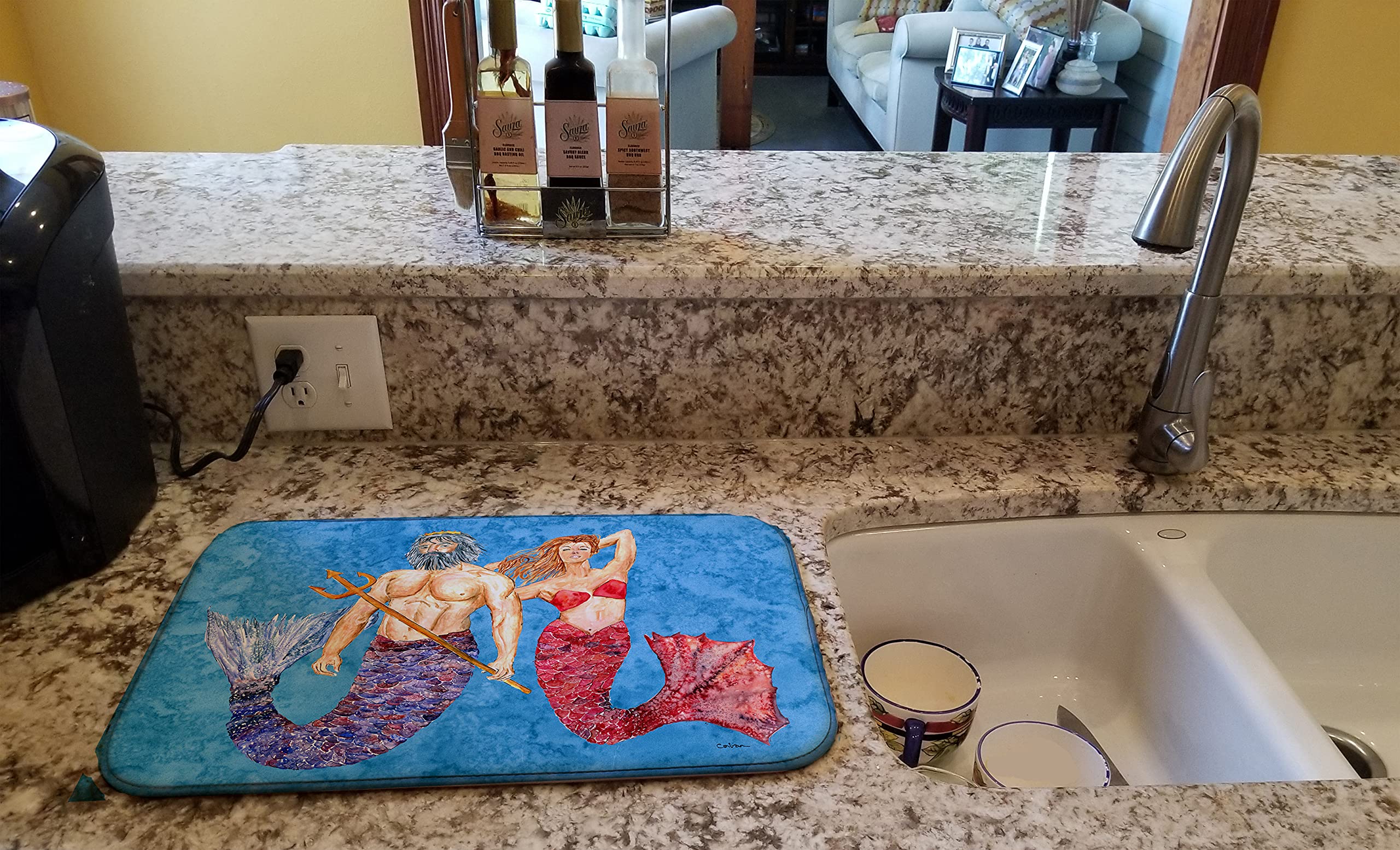 Caroline's Treasures Mermaid and Merman Dish Drying Mat - Absorbent Kitchen Counter Mat for Dishes - 14 x 21 Inch Colorful Non-Slip Drainer Pad - Perfect for Kitchen Countertops, Sink Areas and Dish Drying Stations