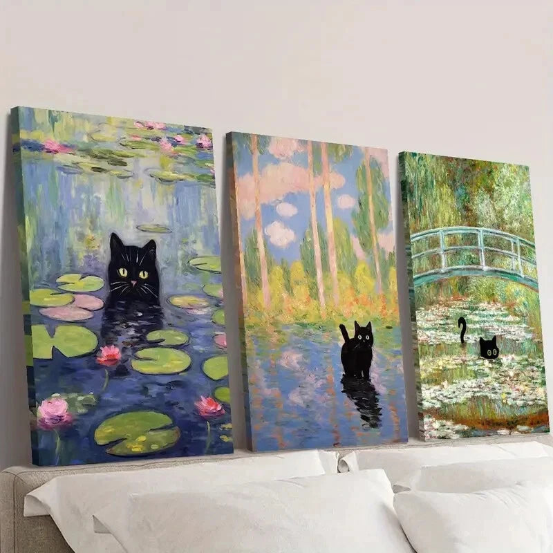 3-Piece Black Cat Inspired by Monet Wall Art Set - Framed Canvas 40x60cm (16x24in) - High Quality Print - 100% Australian Made - Ready to Hang - Perfect for Living Room, Bedroom & Office Decor