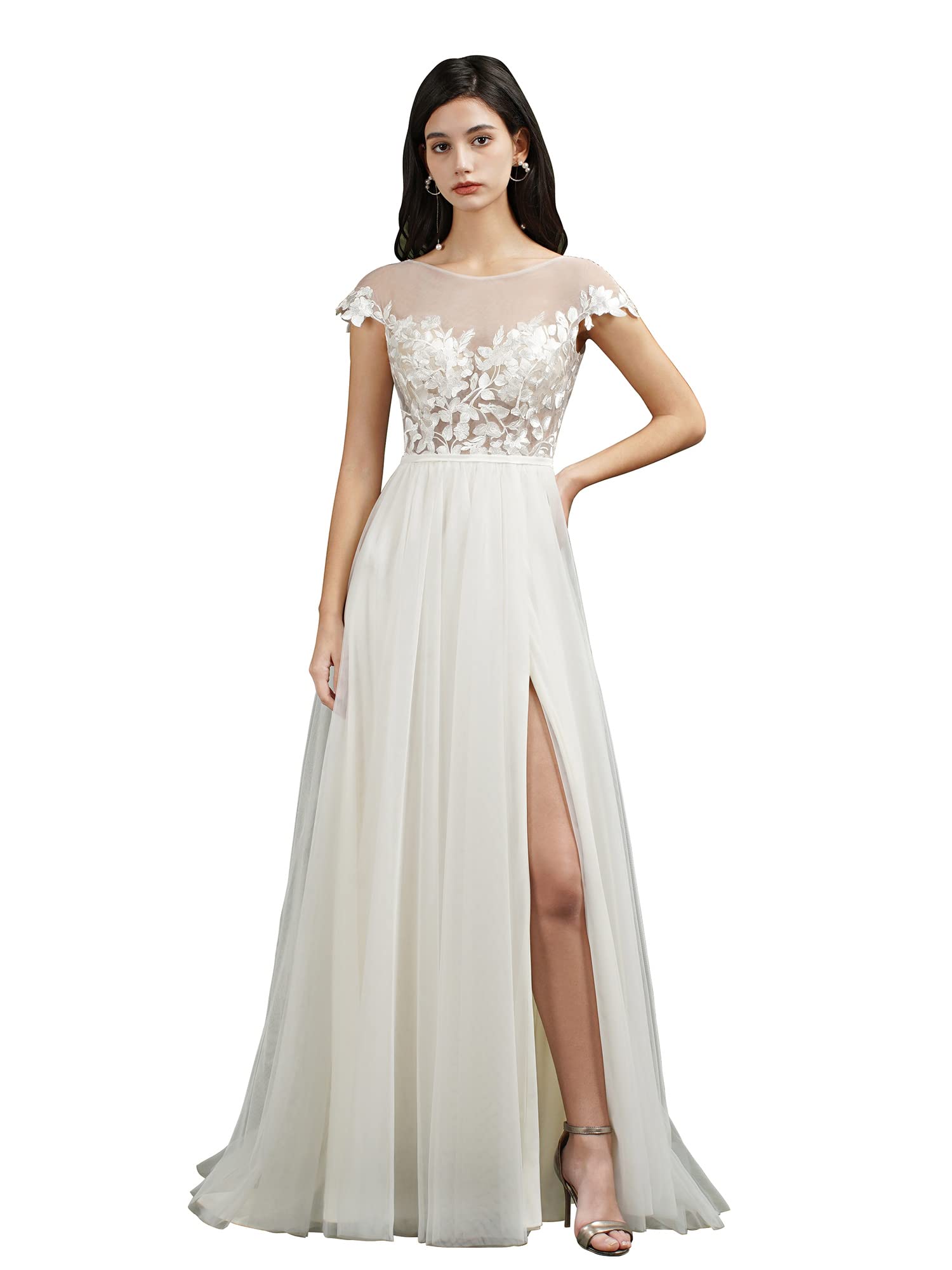 Elegant 2022 Lace Appliques Chiffon Wedding Dress for Bride - Long Sleeves Beach Bridal Gown | Perfect for Beach Weddings, Outdoor Ceremonies & Romantic Photos