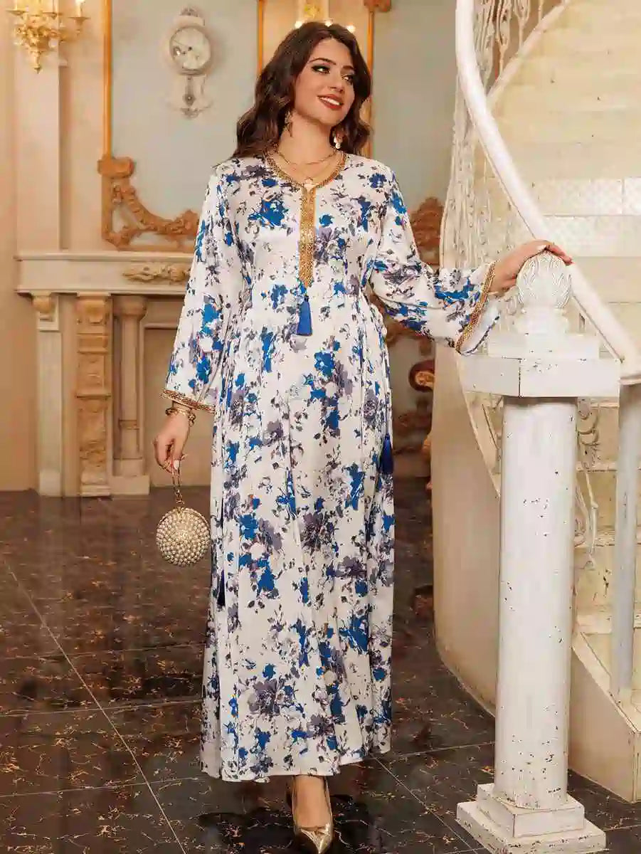 Elegant Eid Printed Caftan Dress for Women - Wedding & Party Wear | Flowy Kaftan Gown for Special Occasions, Festivals & Celebrations