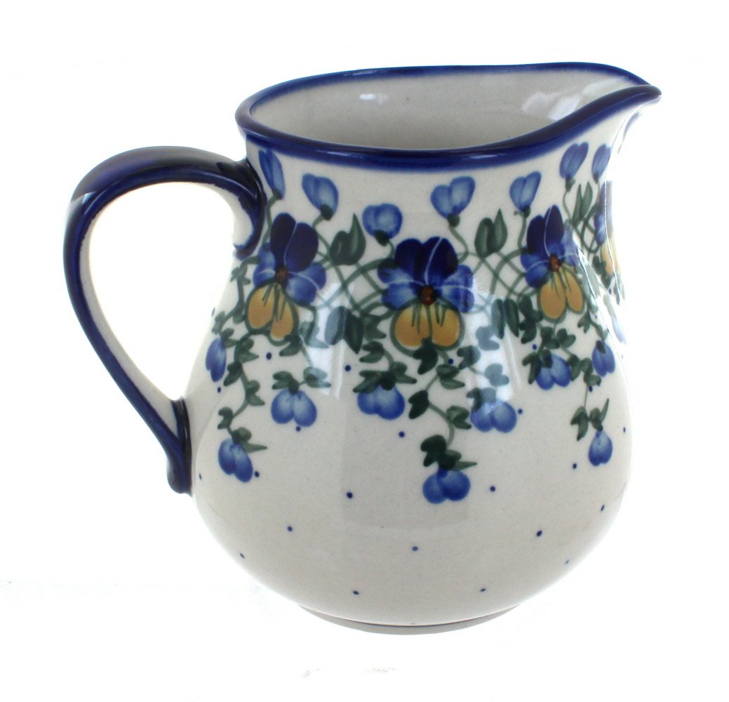 Handmade Blue Rose Polish Pottery Pitcher with Pansies Design - Elegant Floral Pitcher for Tea, Milk, or Water - Perfect for Home Decor, Gift Giving & Special Occasions