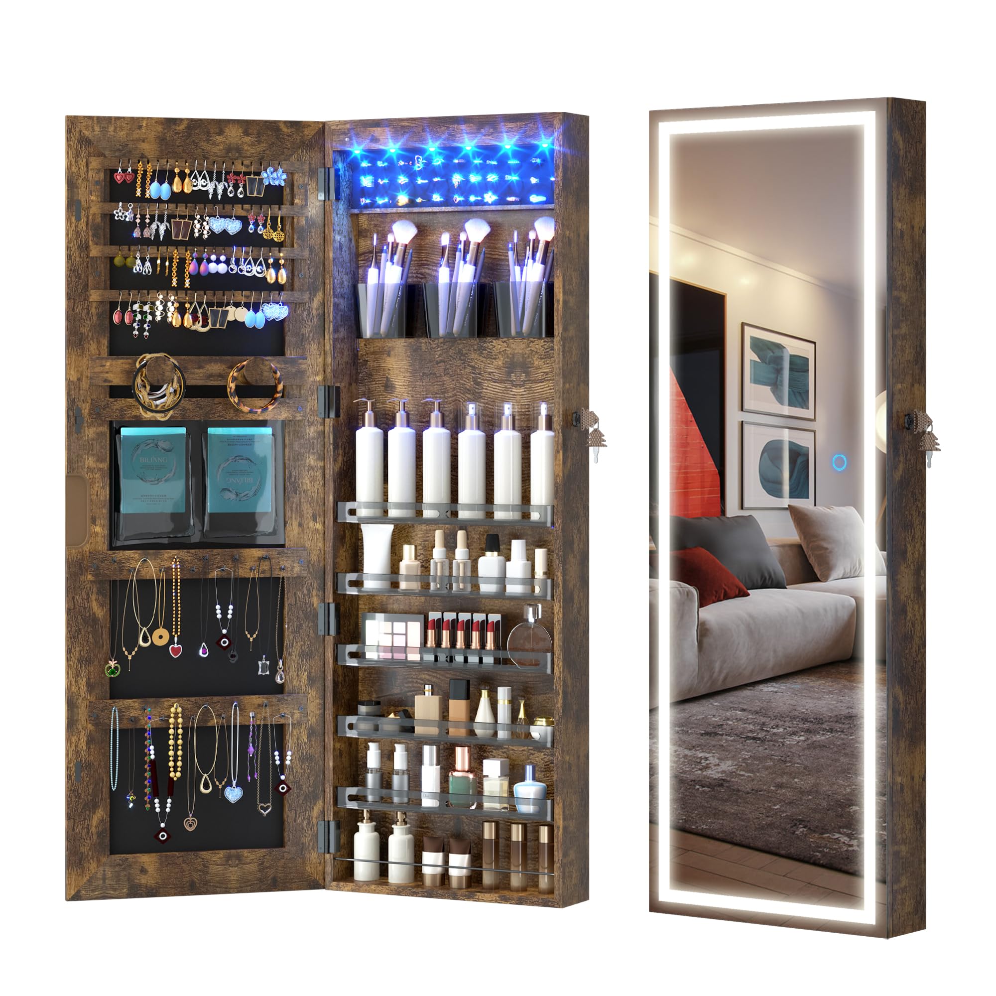 LVSOMT LED Mirror Jewelry Cabinet - Wall/Door Mount Jewelry Armoire Organizer with Lights, Full Length Mirror with Jewelry Storage, Over the Door Hanging Cabinet (Rustic Brown) | Perfect for Bedroom, Closet & Dressing Room Organization