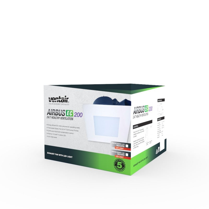 Airbus EC 200 Square LED Exhaust Fan - Energy Efficient Bathroom & Kitchen Ventilation Fan with Bright LED Light for Home & Commercial Use
