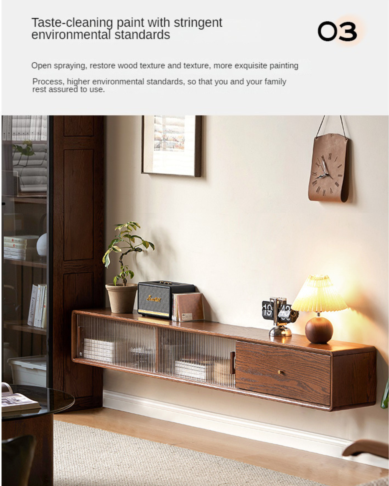 Solid Oak Wood Floating Glass Sliding Door TV Stand - Modern Entertainment Center for Living Room & Home Theater