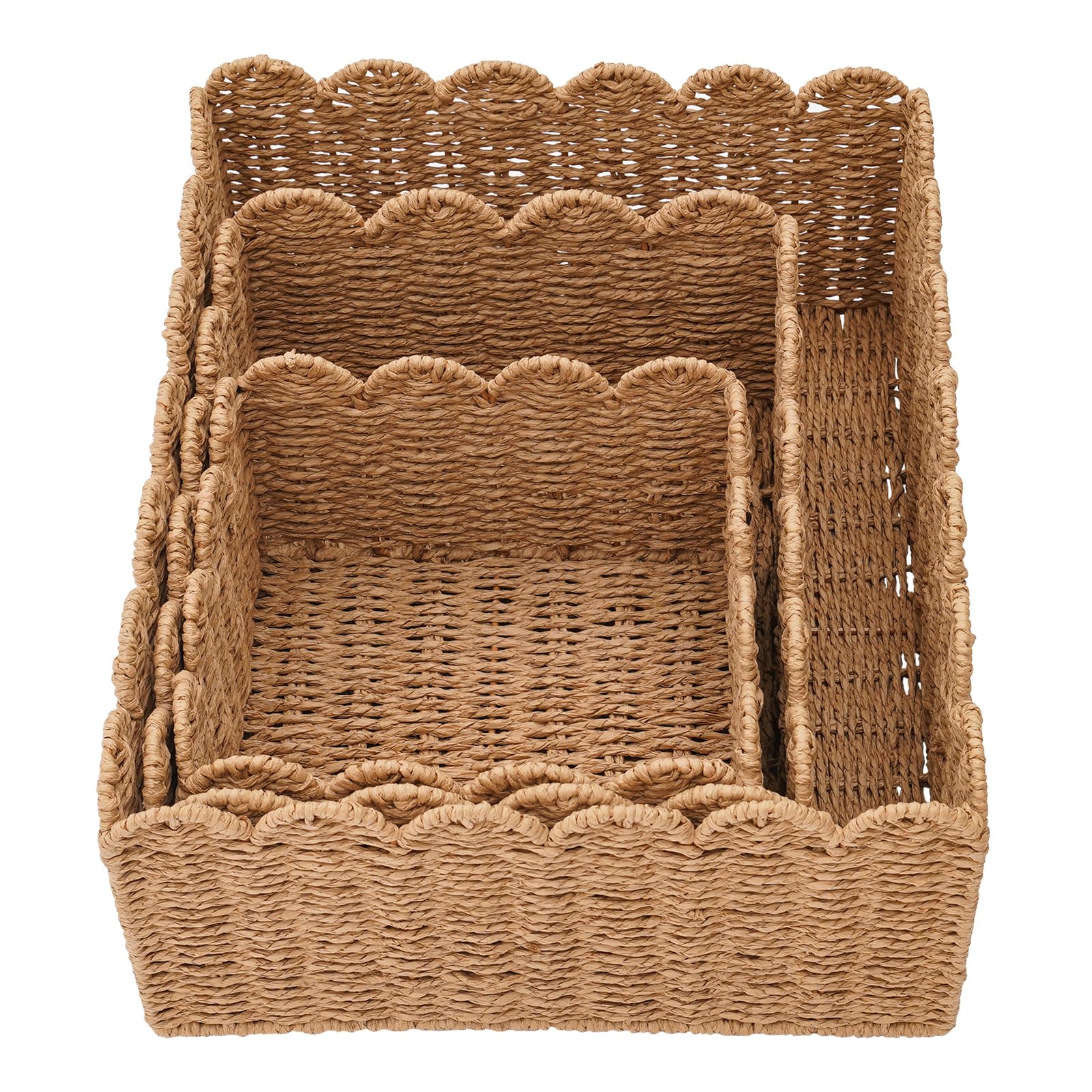 3-Piece Woven Rattan Storage Baskets Set with Lids - Scalloped Edge Home Decor Organizer (4.33/5.12/6.1 Inch Height) - Perfect for Bathroom, Bedroom & Nursery Storage