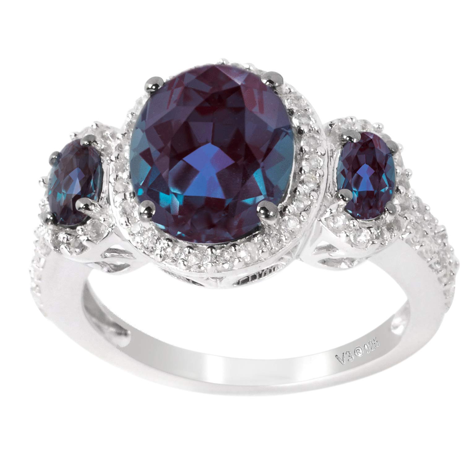 925 Sterling Silver Women's Ring with 5 CTTW Oval-Cut Color Changing Alexandrite & Natural White Topaz | Elegant 3-Stone Jewelry for Engagement, Anniversary & Special Occasions