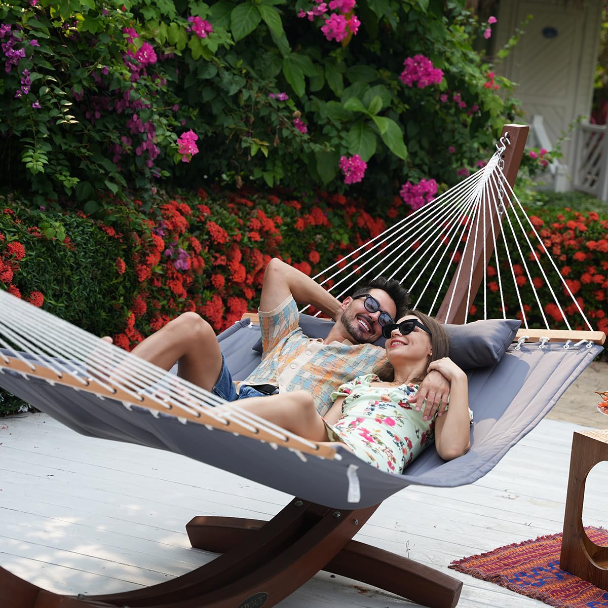 12 FT Quilted Fabric Double Hammock with Spreader Bar & Pillow - 2-Person Outdoor Hammock with Chains, 450 lbs Capacity - Perfect for Patio, Poolside, Backyard, Beach & Camping (Gray)