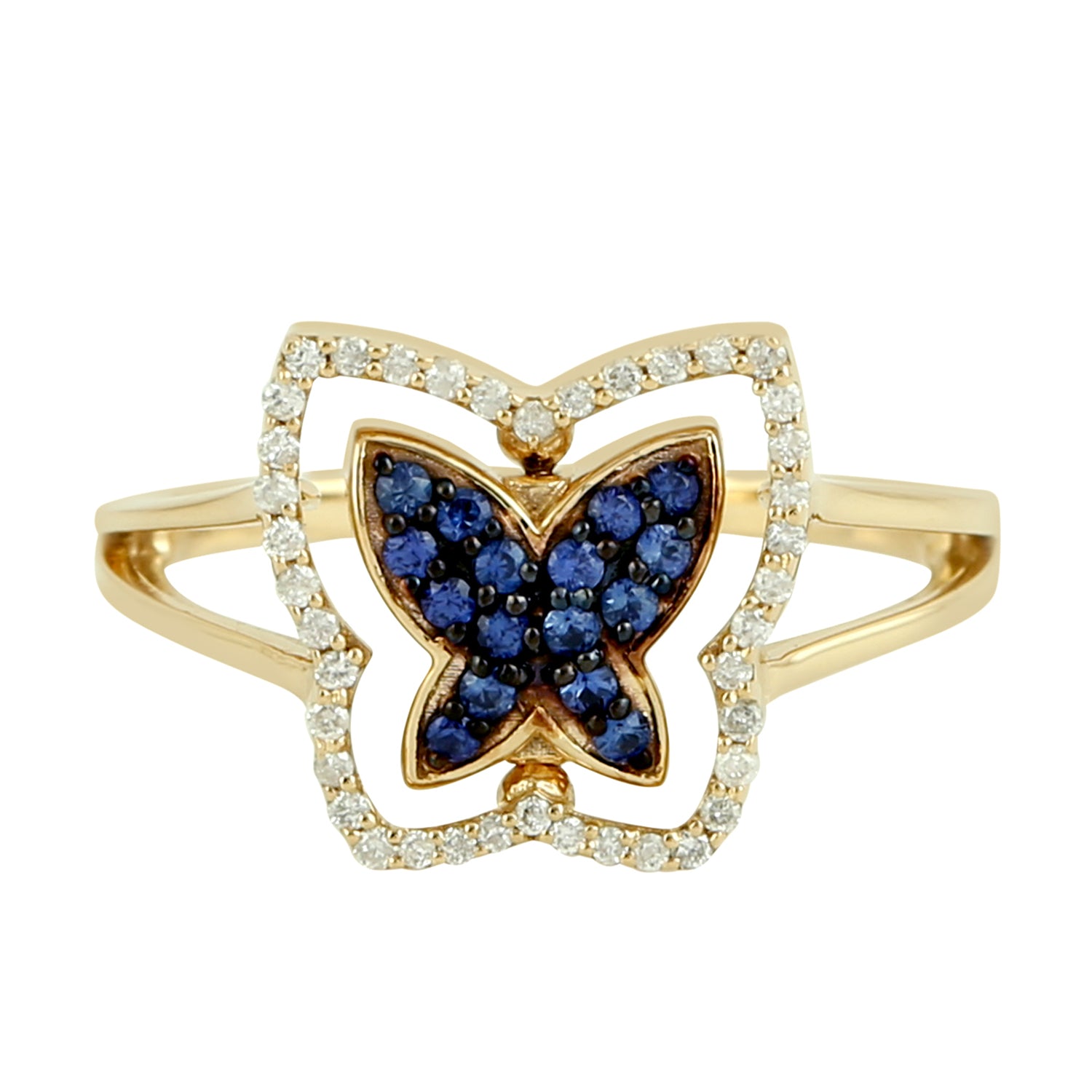 18K Yellow Gold Pave Blue Sapphire & Black White Diamond Butterfly Twist Ring for Women | Elegant Jewelry Gift for Anniversary, Birthday & Special Occasions