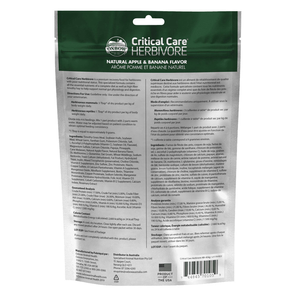 Premium Critical Care Herbivore Diet - Apple Banana Flavor | High-Fiber Nutritional Supplement for Small Pets | Ideal for Rabbits, Guinea Pigs & Chinchillas | Perfect for Recovery, Post-Surgery & Picky Eaters