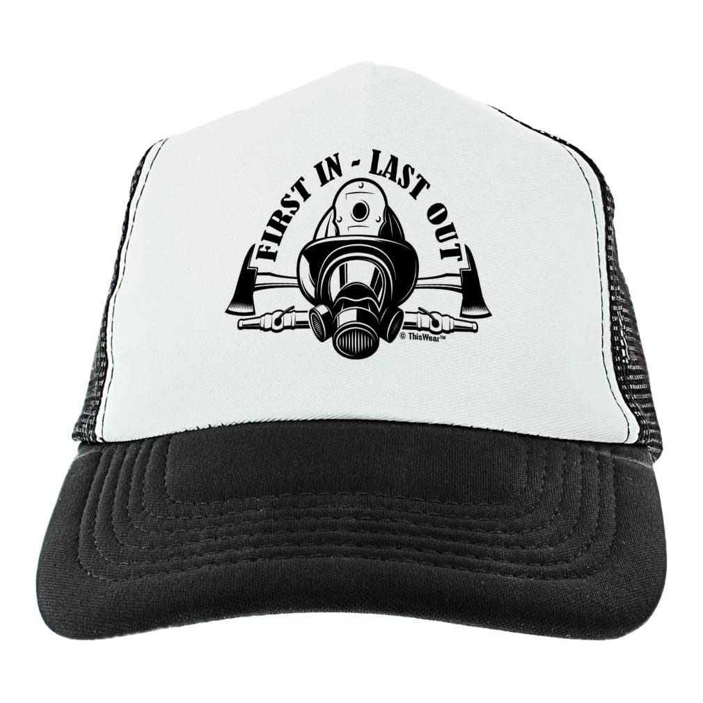 Firefighter First in Last Out Trucker Hat - Adjustable Snapback Cap for Firefighters, EMTs & First Responders - Perfect for Work, Training & Outdoor Activities