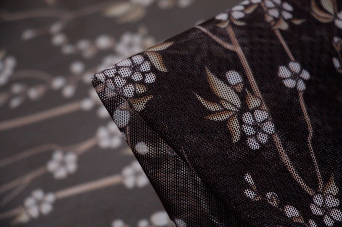 Cherry Blossom Stretch Mesh Fabric - Soft Floral Print Breathable Material for DIY Crafts, Dresses & Home Decor | Perfect for Spring Fashion & Scarf Making