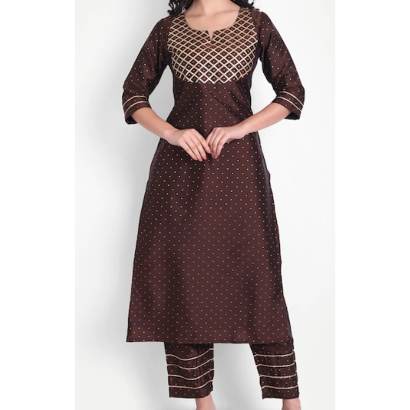 Women's Brown Printed Gotta Patti Ethnic Kurta Set | Traditional Indian Outfit for Festivals, Parties & Casual Wear