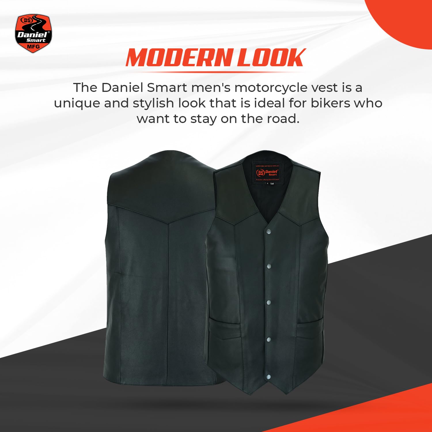 Daniel Smart Men's Leather Motorcycle Vest - Unique Biker Jacket with 2 Front & Inside Pockets for Riding & Casual Wear