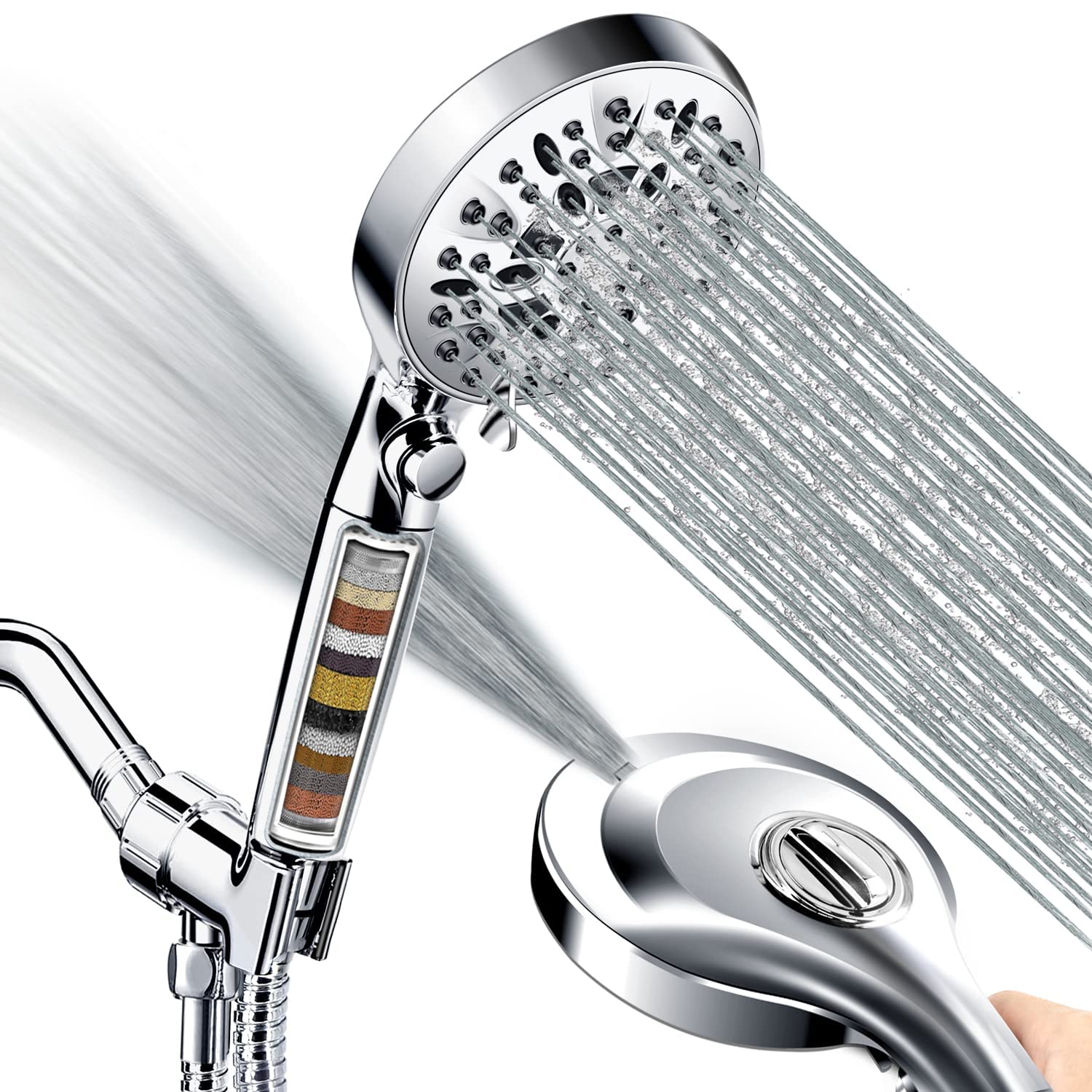 INAVAMZ High Pressure Handheld Shower Head with 10 Spray Modes & 15-Stage Water Filter - Removes Chlorine, Hard Water & Harmful Substances - ON/OFF Pause Switch - Perfect for Bathroom, Spa & Pet Washing