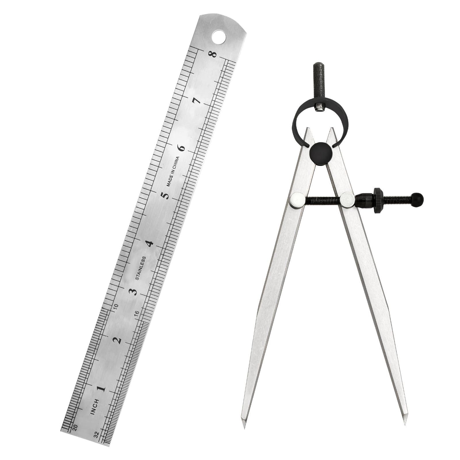 6 Inch Adjustable Lockable Steel Divider Wing Leather Compass with 8 Inch Stainless Steel Ruler - Precision Tool for Leather Crafting, Woodworking, Metalworking & Technical Drawing | Perfect for DIY Projects, Engineering Drafting & Art Design