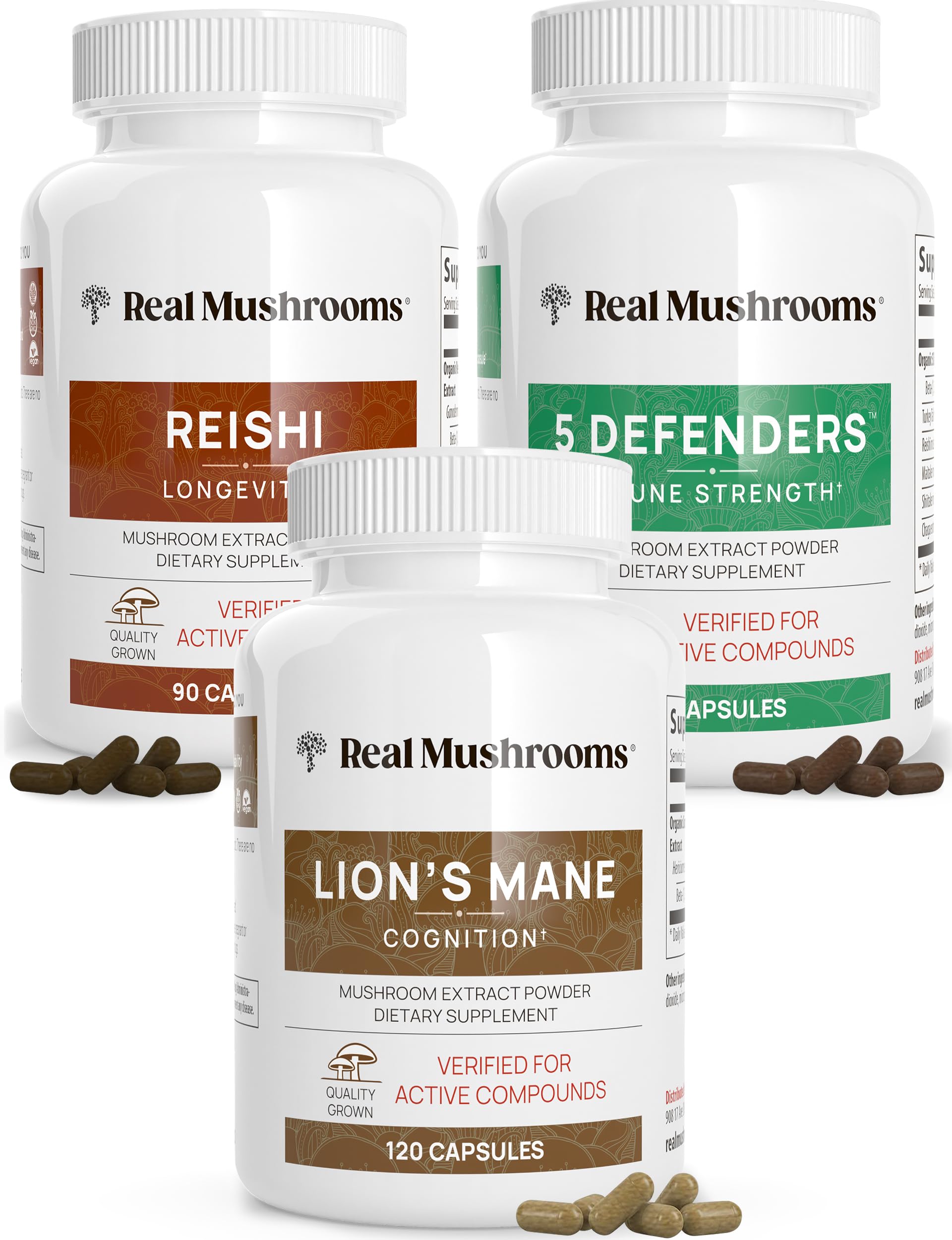 Premium Lions Mane (120ct), Reishi (90ct), and 5 Defenders (90ct) Mushroom Supplement Bundle - Vegan, Non-GMO Capsules for Brain Health, Immune Support, Stress Relief & Longevity - Ideal for Daily Wellness, Focus Enhancement & Natural Immune Boosting