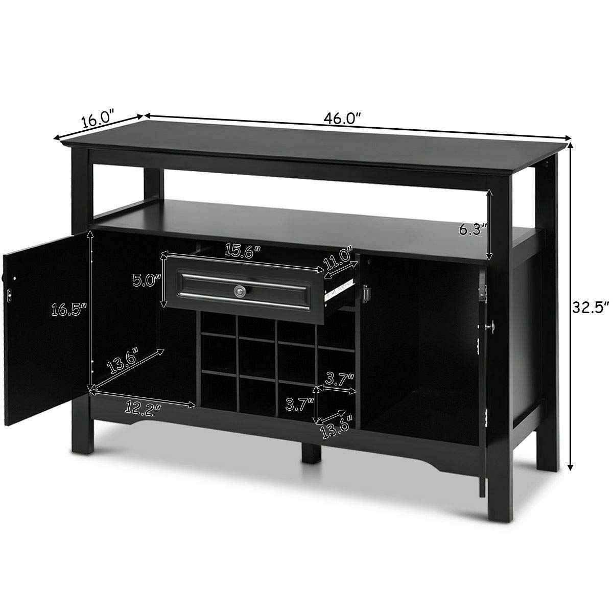 Black Kitchen Buffet Sideboard with 12-Bottle Wine Rack - Dining Room Storage Cabinet for Silverware, Utensils, Stemware & Dishware Organization | Perfect for Entertaining, Pantry Storage & Kitchen Essentials