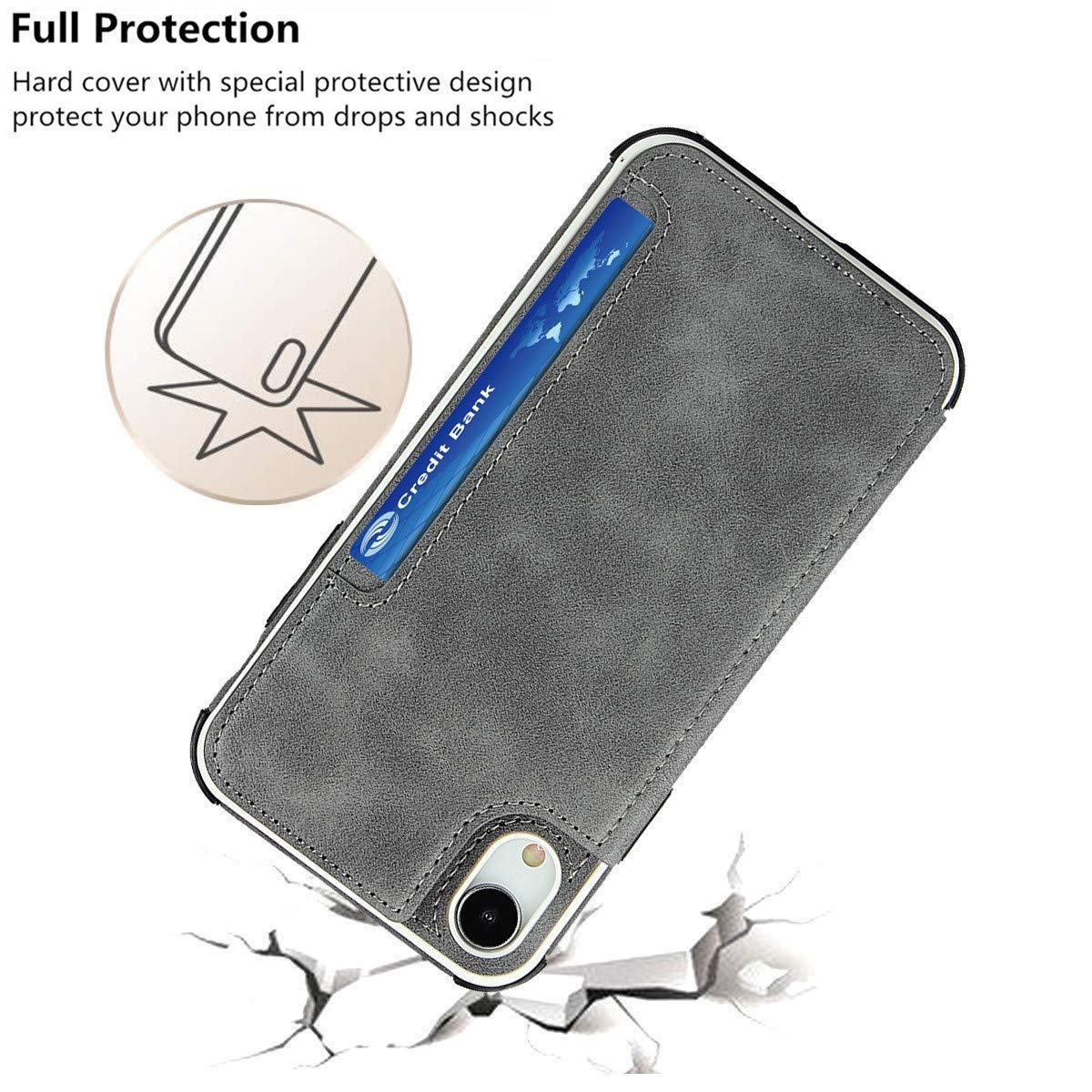 Premium PU Leather iPhone XR Wallet Case with Card Slots, Wrist Strap & Kickstand - Magnetic Clasp Shockproof Cover for iPhone XR 6.1 Inch (Gray) | Perfect for Travel, Work & Everyday Protection