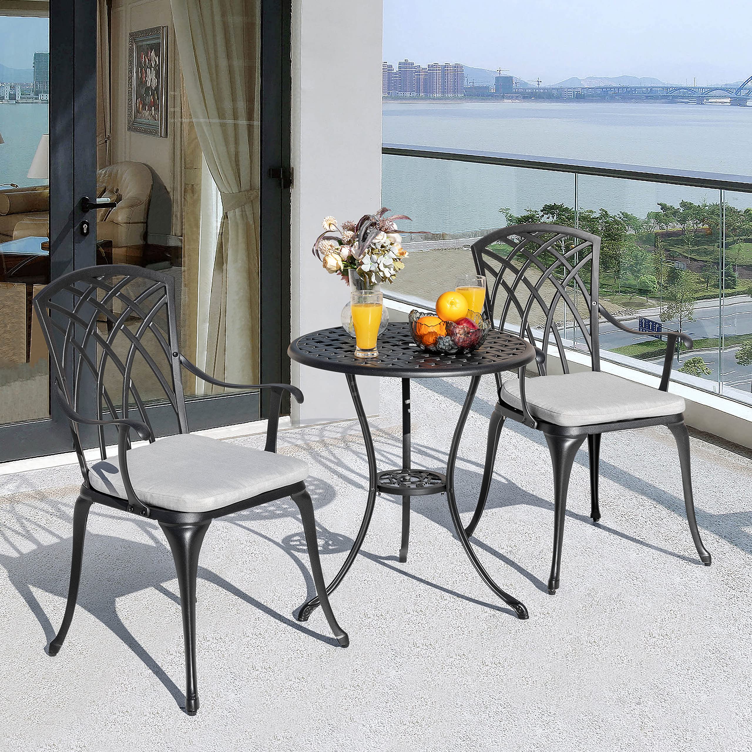 NUU GARDEN 3-Piece Outdoor Bistro Set - Black Cast Aluminum Patio Table with Umbrella Hole & Gray Cushions - Perfect for Balcony, Garden, or Backyard Dining