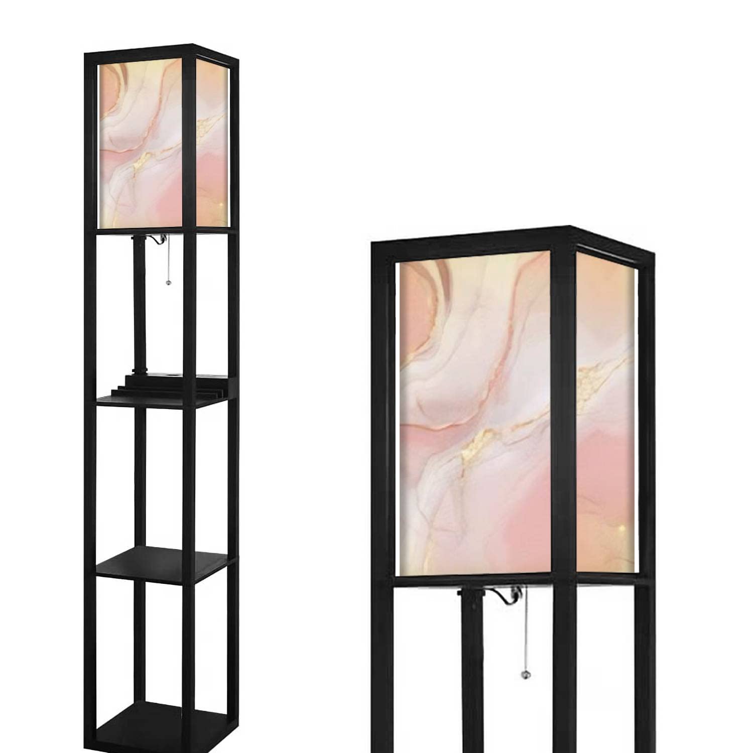 Elegant Pink Marble & Rose Gold Floor Lamp with Shelves, Linen Lampshade, USB Ports & Power Outlet - 63