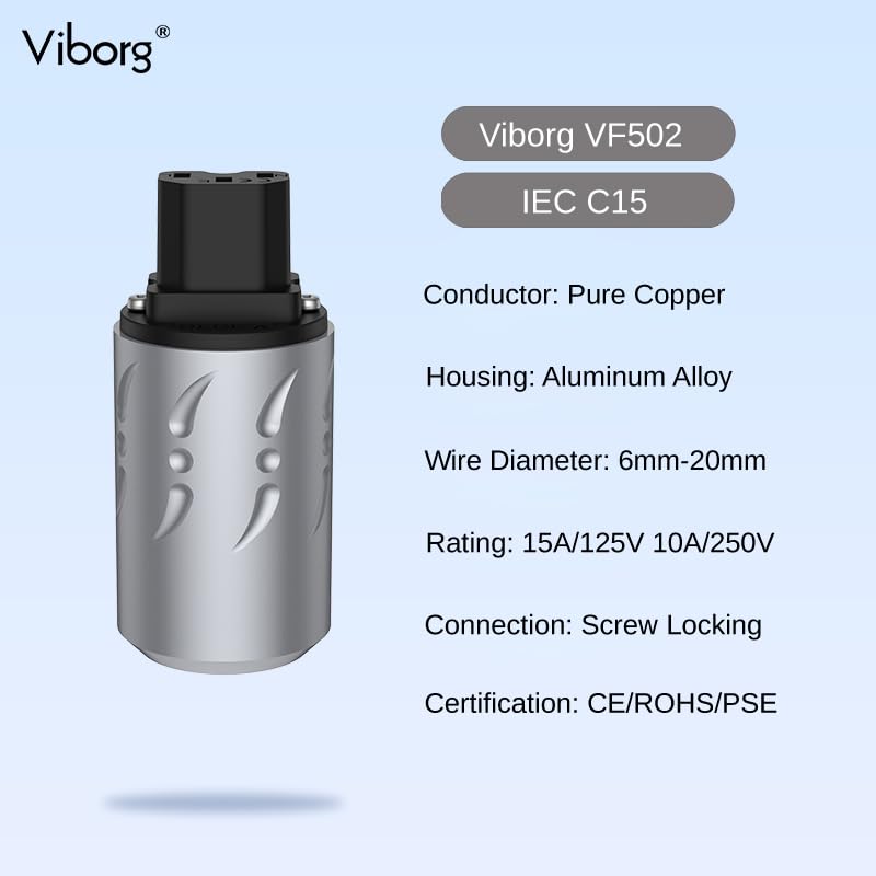 Premium Viborg HiFi Power Plug VM502+VF502 - Pure Copper Non-Magnetic AC Mains Plug with Aluminum Alloy & Set Screws - Audiophile-Grade US Power Plug & IEC C15 Connector for DIY Power Cables - Perfect for Home Theater Systems & High-End Audio Setups