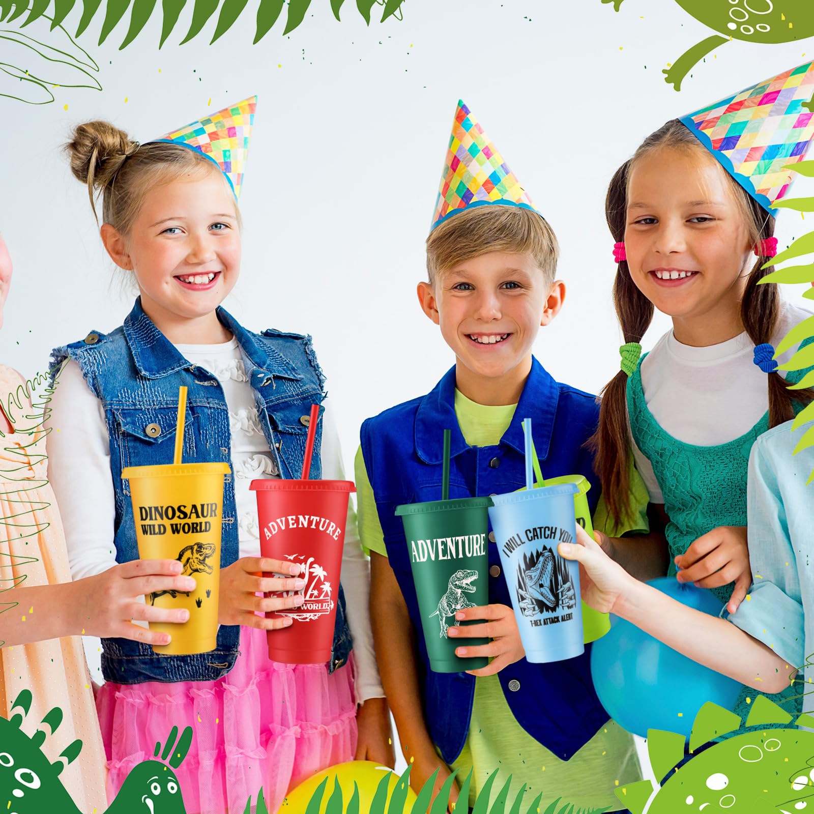 Dinosaur Party Cups Set - 12 Pack 24oz Reusable Plastic Cups with Lids & Straws for Kids, Dino Themed Birthday Party Supplies, Beverage Drinkware - Colorful (Perfect for Birthday Parties, Baby Showers & Jurassic Theme Events)